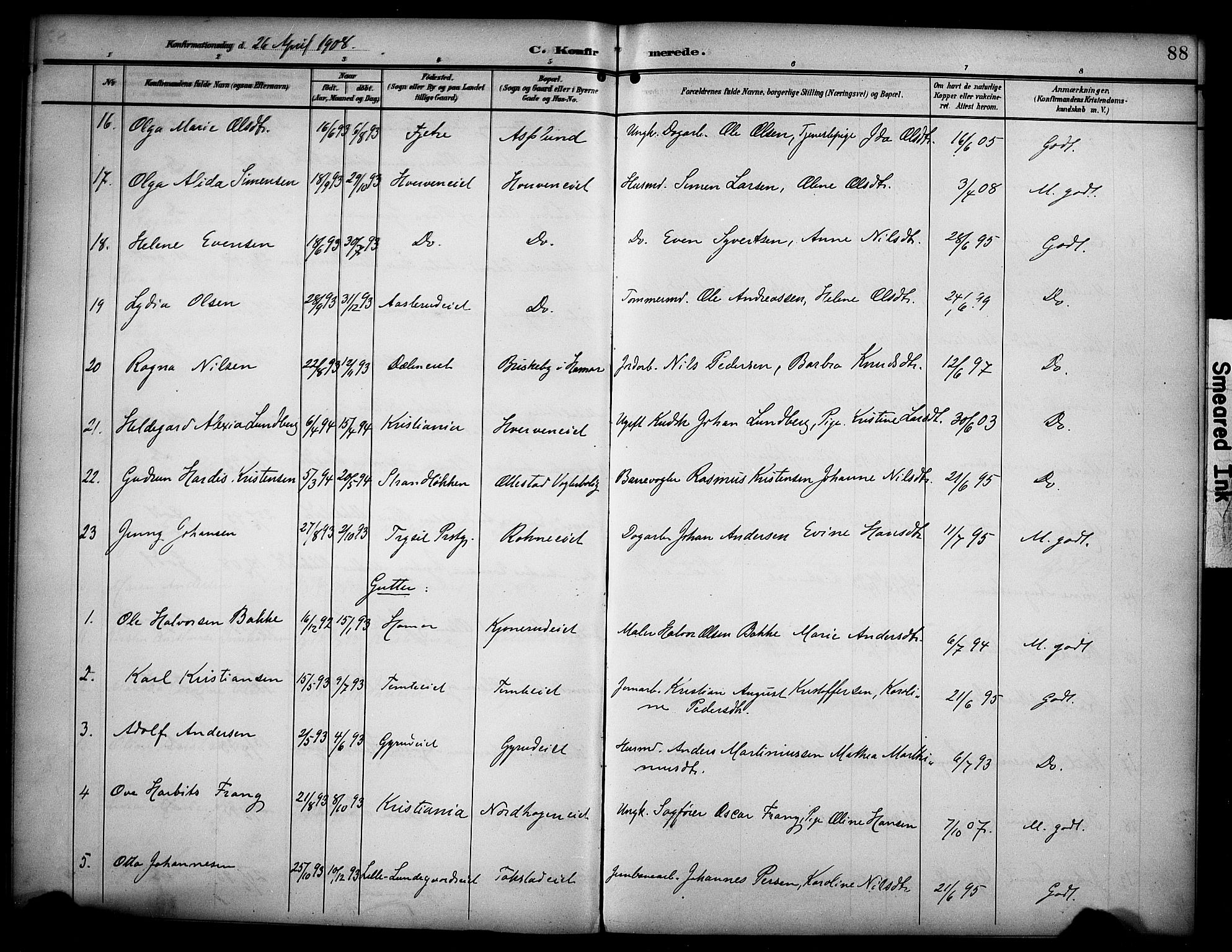 Stange prestekontor, AV/SAH-PREST-002/K/L0022: Parish register (official) no. 22, 1903-1914, p. 88