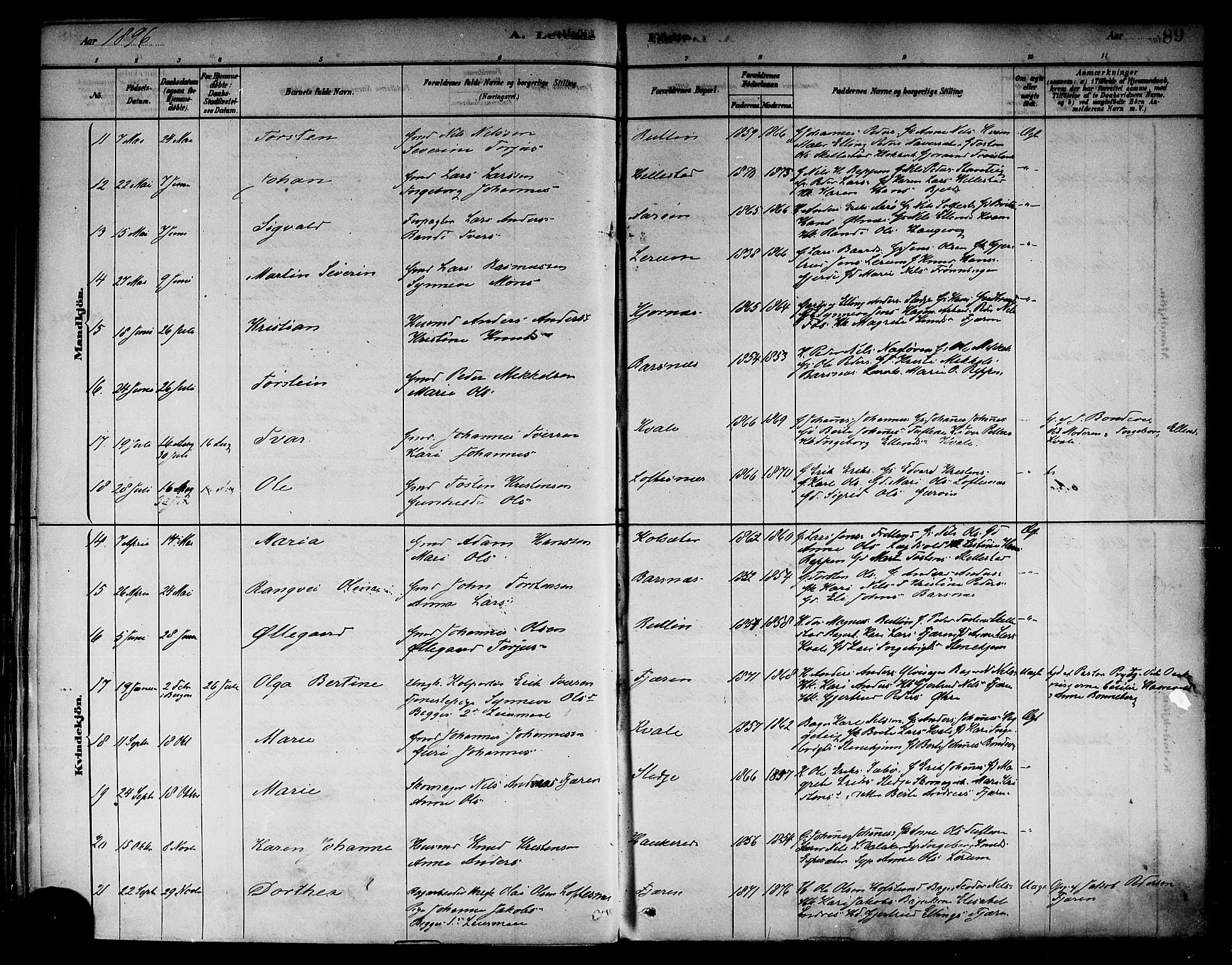 Sogndal sokneprestembete, AV/SAB-A-81301/H/Haa/Haab/L0001: Parish register (official) no. B 1, 1878-1899, p. 89