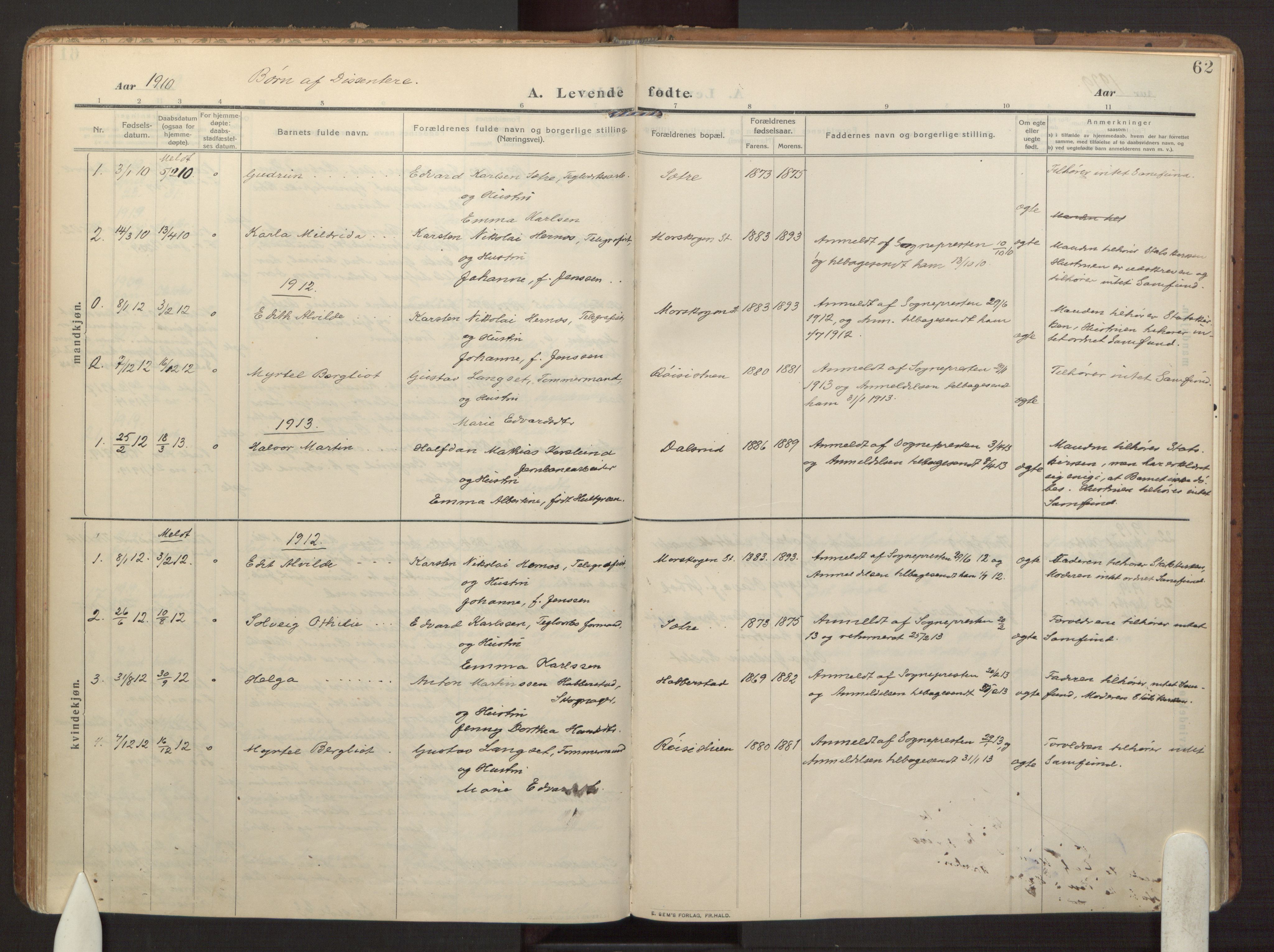 Eidsvoll prestekontor Kirkebøker, SAO/A-10888/F/Fb: Parish register (official) no. II 4, 1909-1919, p. 62
