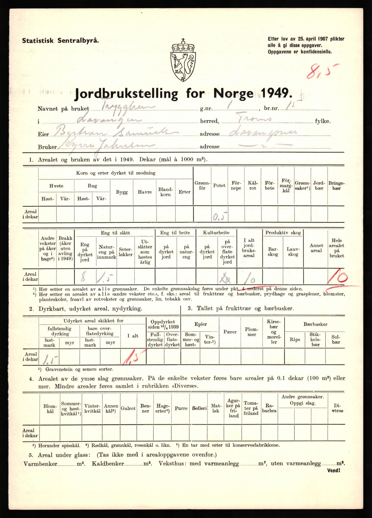Statistisk sentralbyrå, Næringsøkonomiske emner, Jordbruk, skogbruk, jakt, fiske og fangst, AV/RA-S-2234/G/Gc/L0437: Troms: Gratangen og Lavangen, 1949, p. 35