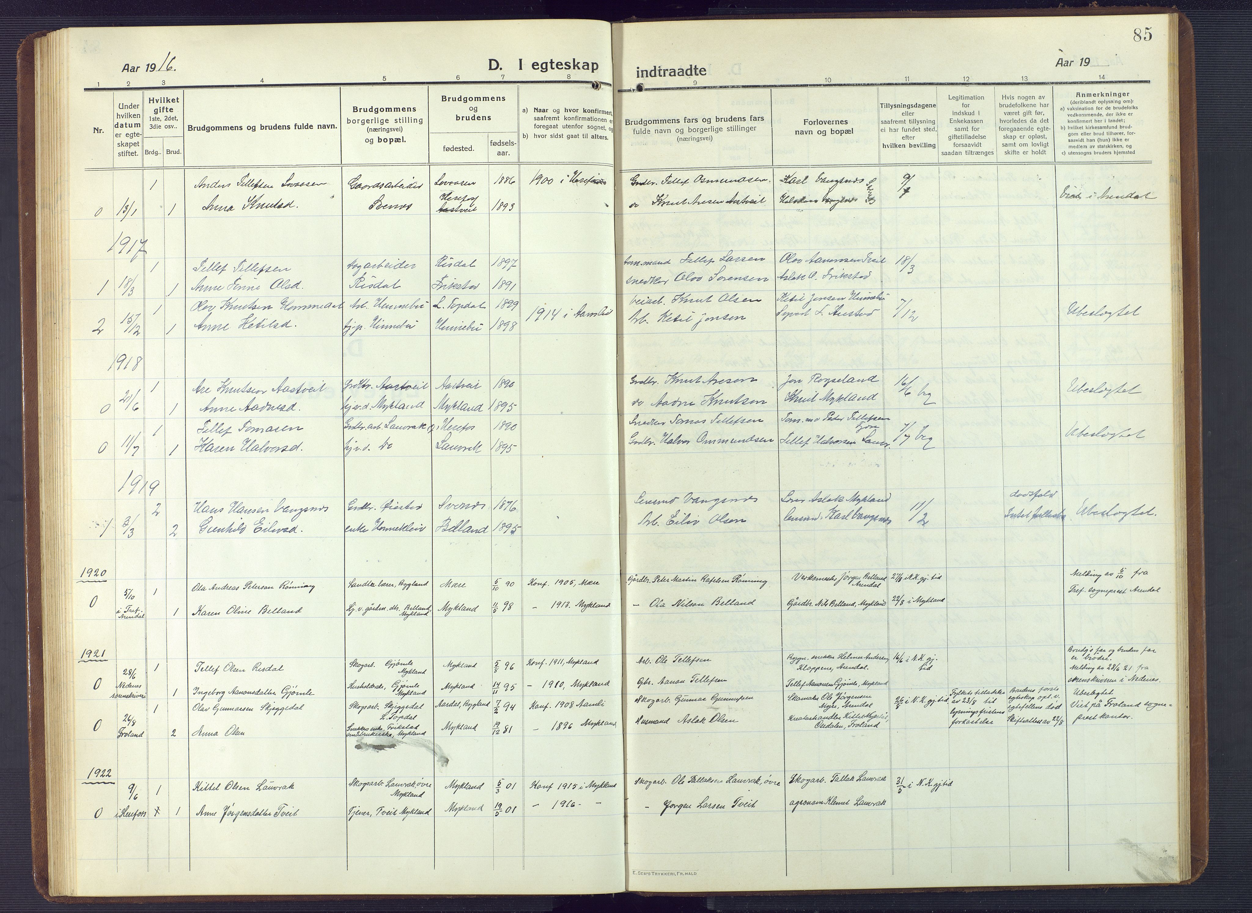 Herefoss sokneprestkontor, AV/SAK-1111-0019/F/Fb/Fbc/L0004: Parish register (copy) no. B 4, 1914-1946, p. 85