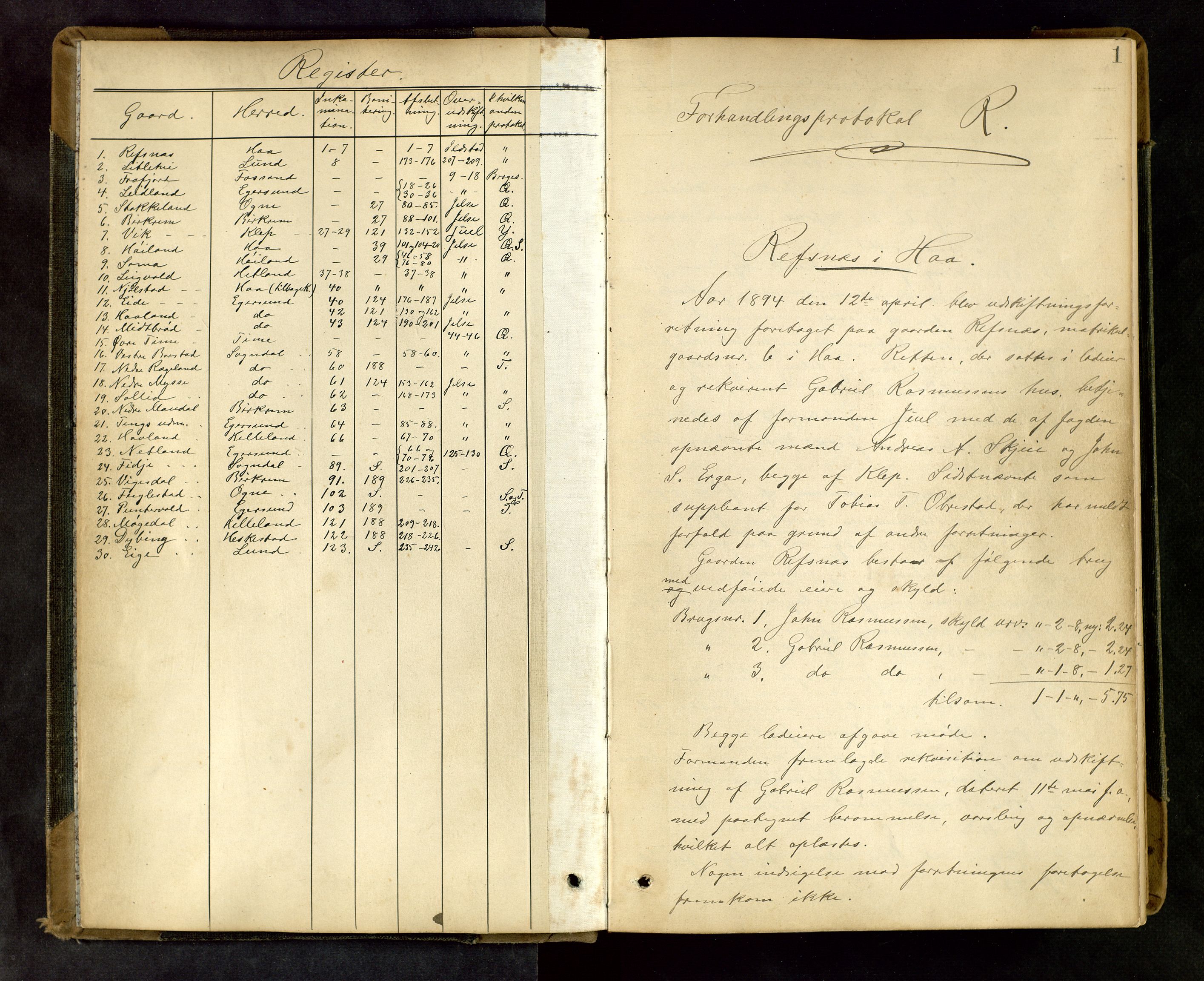 Rogaland jordskifterett, AV/SAST-A-102426/Oa/L0051: Forhandlingsprotokoll, 1894-1897, p. 1