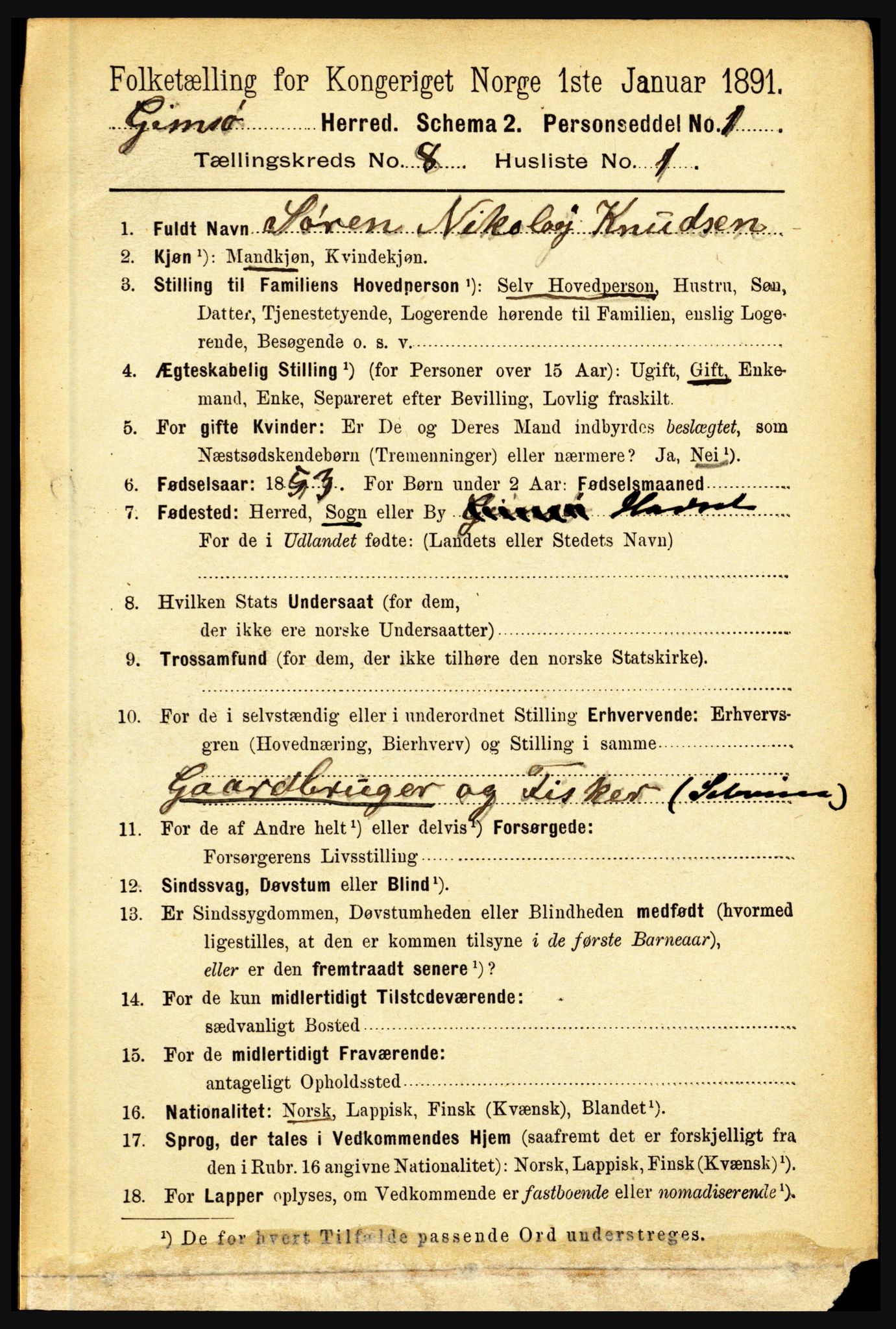 RA, 1891 census for 1864 Gimsøy, 1891, p. 1413