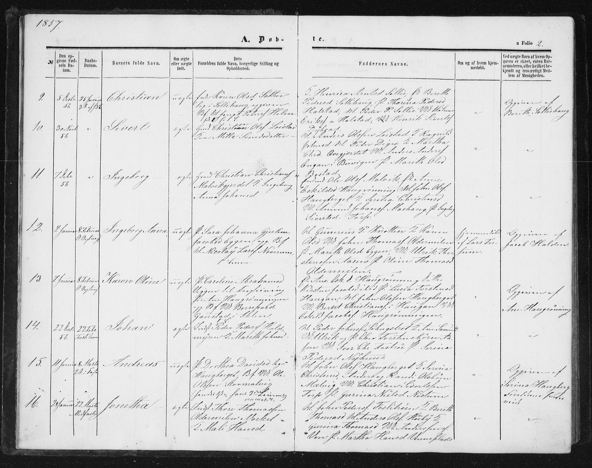 Ministerialprotokoller, klokkerbøker og fødselsregistre - Sør-Trøndelag, SAT/A-1456/616/L0408: Parish register (official) no. 616A05, 1857-1865, p. 2