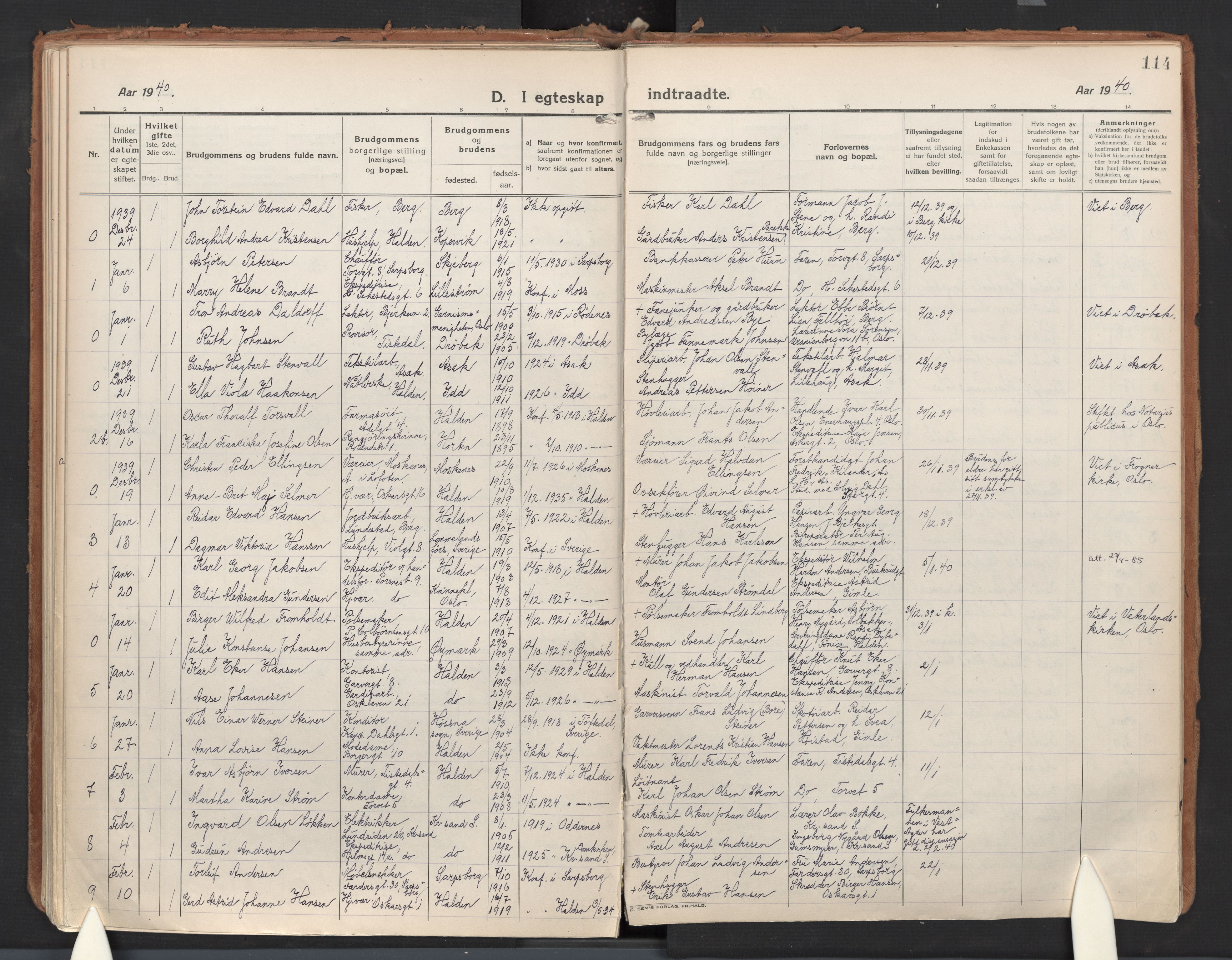 Halden prestekontor Kirkebøker, SAO/A-10909/F/Fa/L0017: Parish register (official) no. I 17, 1921-1945, p. 114