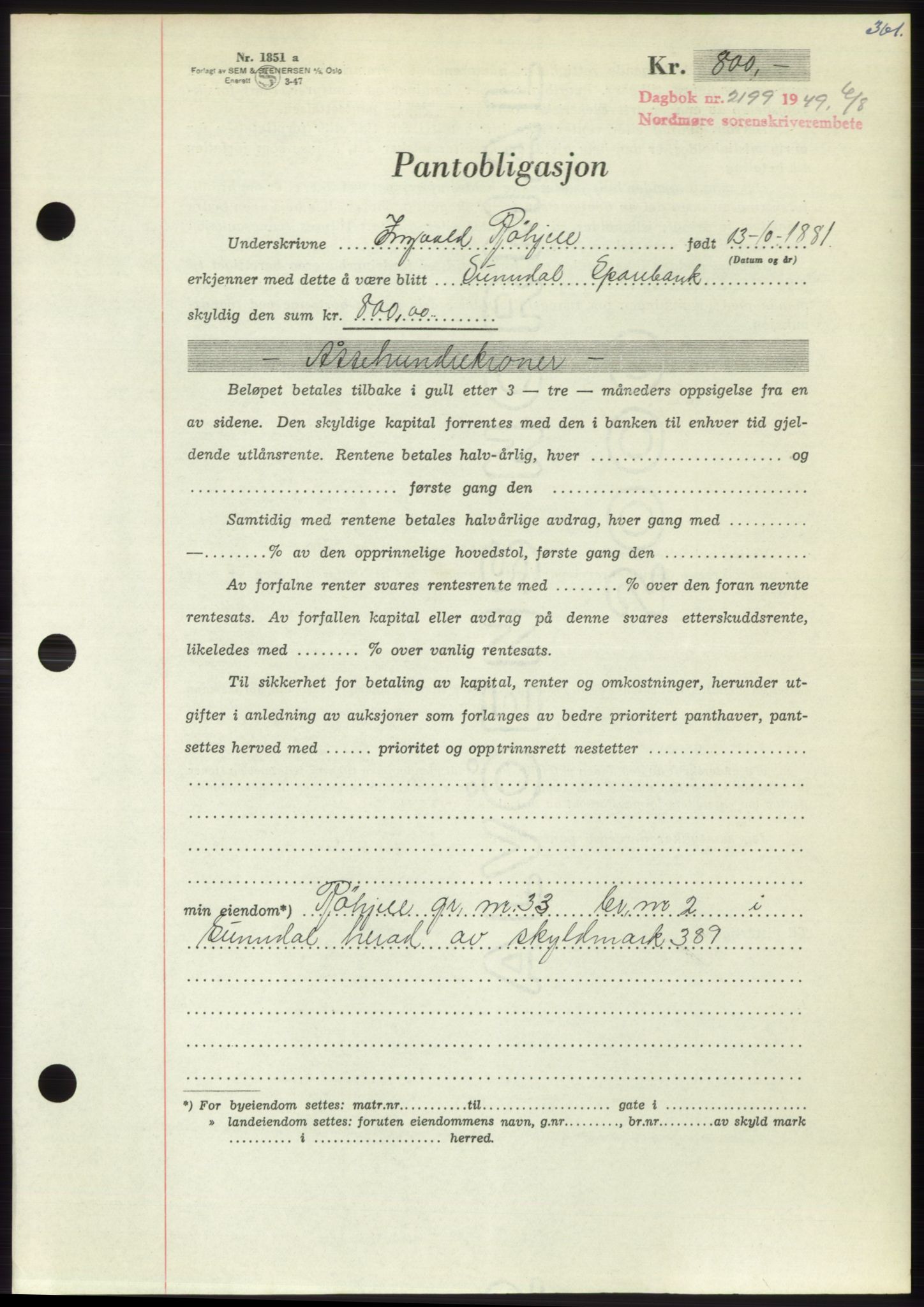 Nordmøre sorenskriveri, AV/SAT-A-4132/1/2/2Ca: Mortgage book no. B102, 1949-1949, Diary no: : 2199/1949