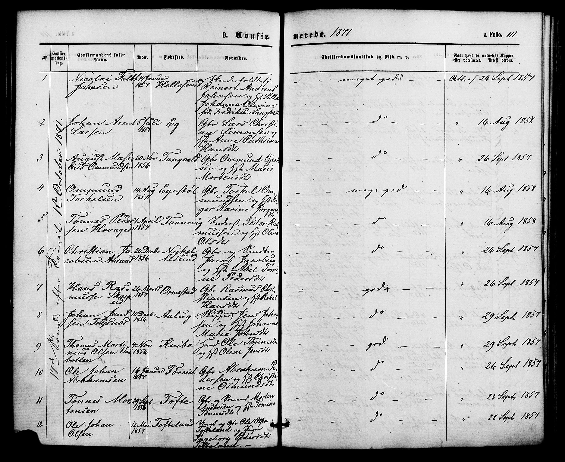 Søgne sokneprestkontor, SAK/1111-0037/F/Fa/Fab/L0011: Parish register (official) no. A 11, 1869-1879, p. 111