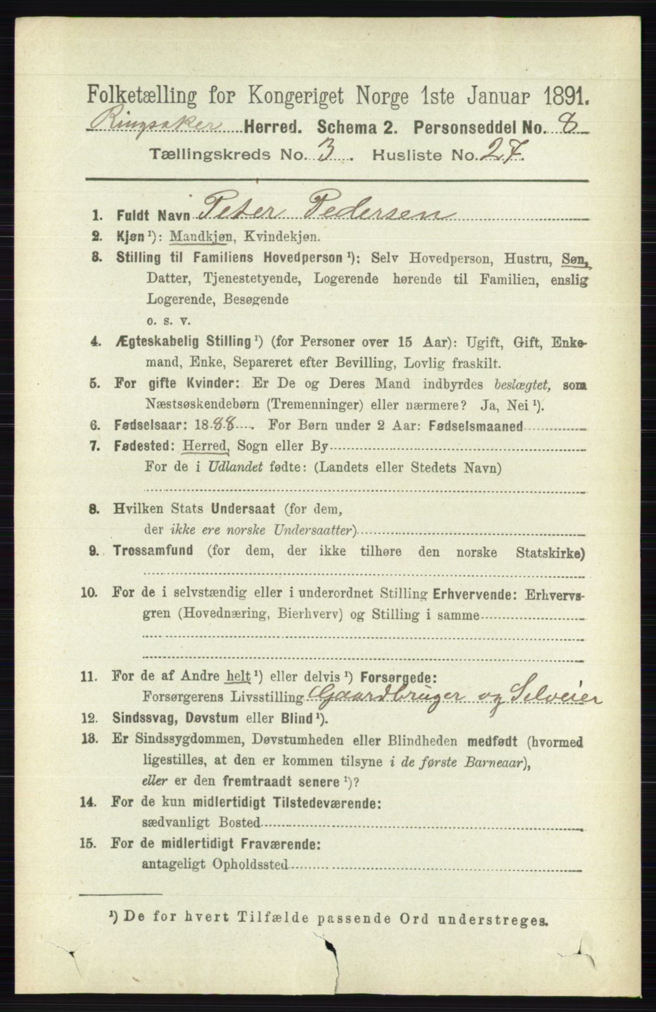 RA, 1891 census for 0412 Ringsaker, 1891, p. 1397