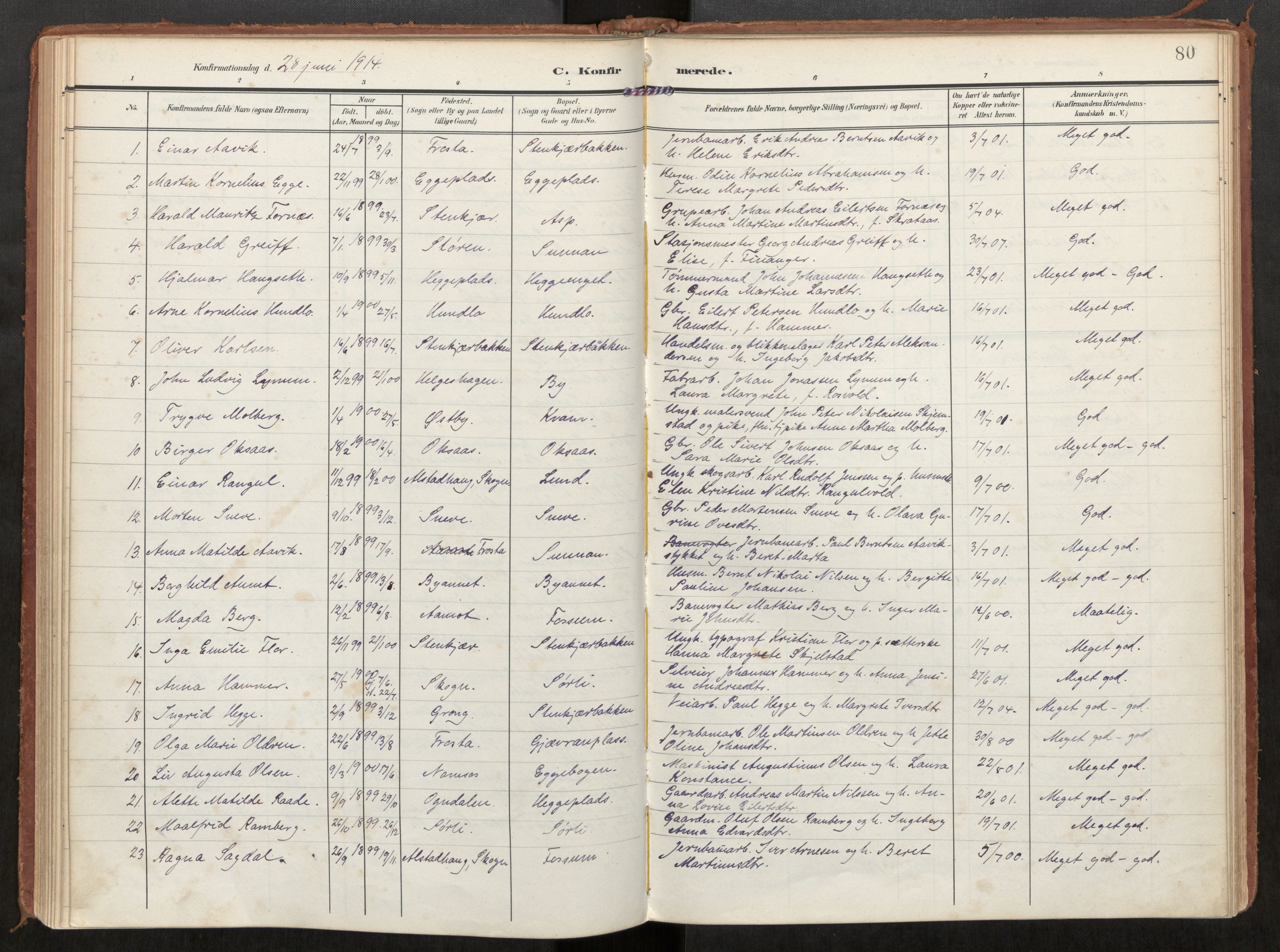 Steinkjer sokneprestkontor, AV/SAT-A-1541/01/H/Ha/Haa/L0002: Parish register (official) no. 2, 1907-1917, p. 80