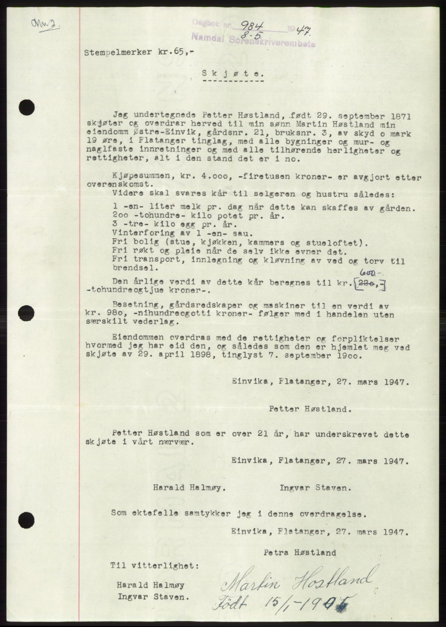 Namdal sorenskriveri, AV/SAT-A-4133/1/2/2C: Mortgage book no. -, 1947-1947, Diary no: : 984/1947