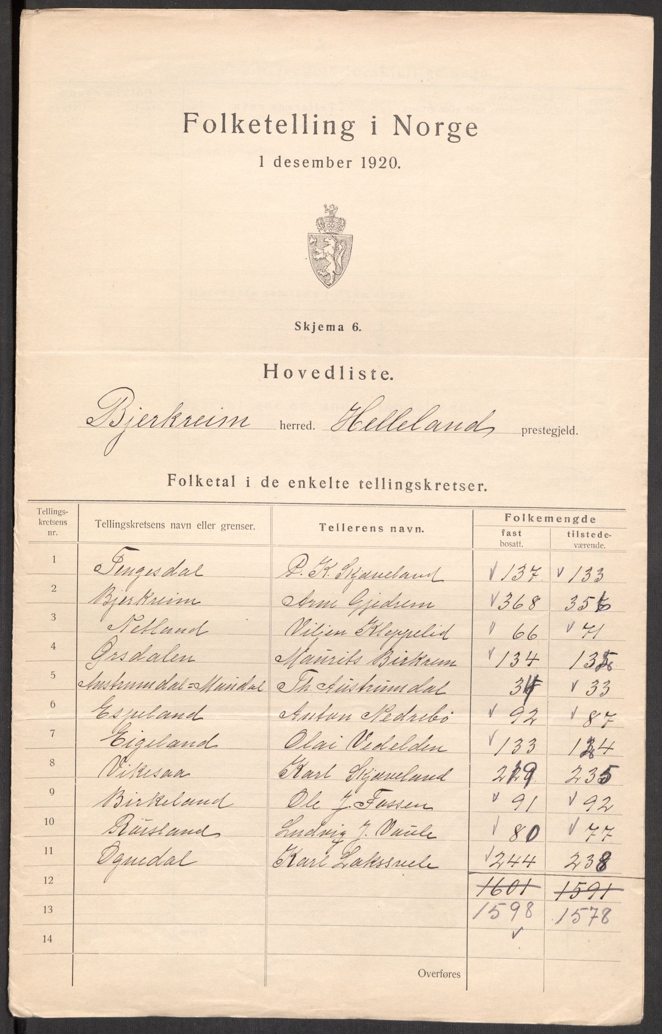 SAST, 1920 census for Bjerkreim, 1920, p. 4