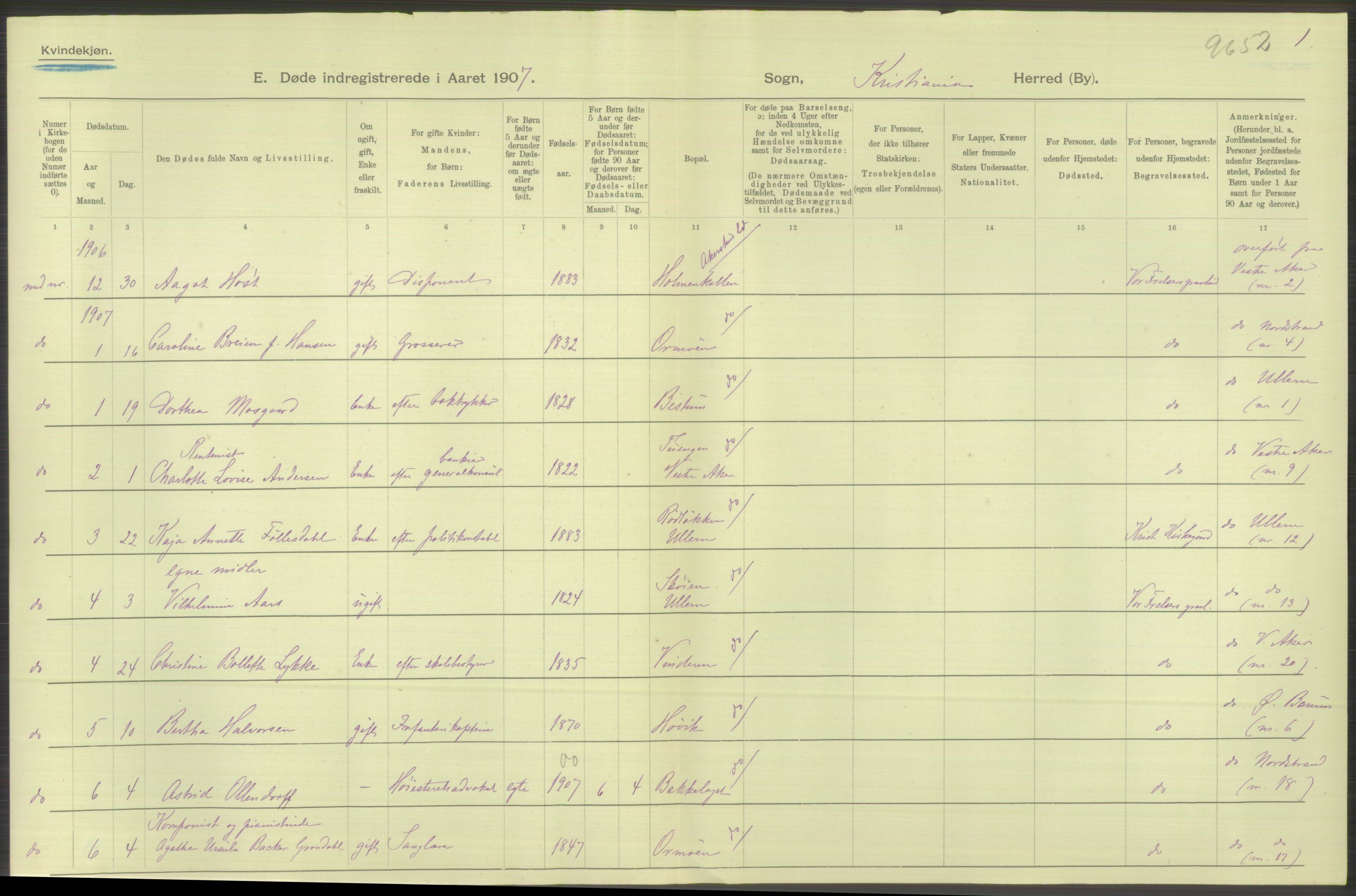 Statistisk sentralbyrå, Sosiodemografiske emner, Befolkning, RA/S-2228/D/Df/Dfa/Dfae/L0009: Kristiania: Døde, 1907, p. 606