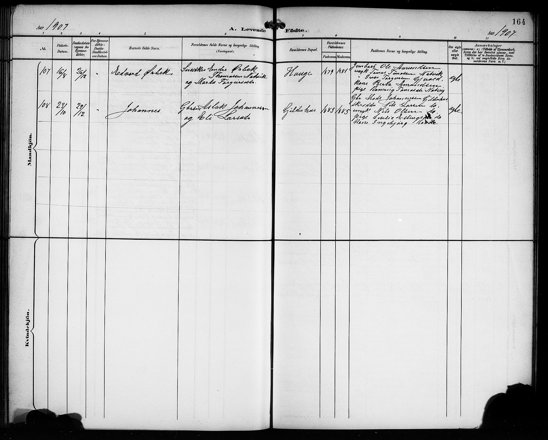 Voss sokneprestembete, AV/SAB-A-79001/H/Hab: Parish register (copy) no. C 2, 1900-1909, p. 164