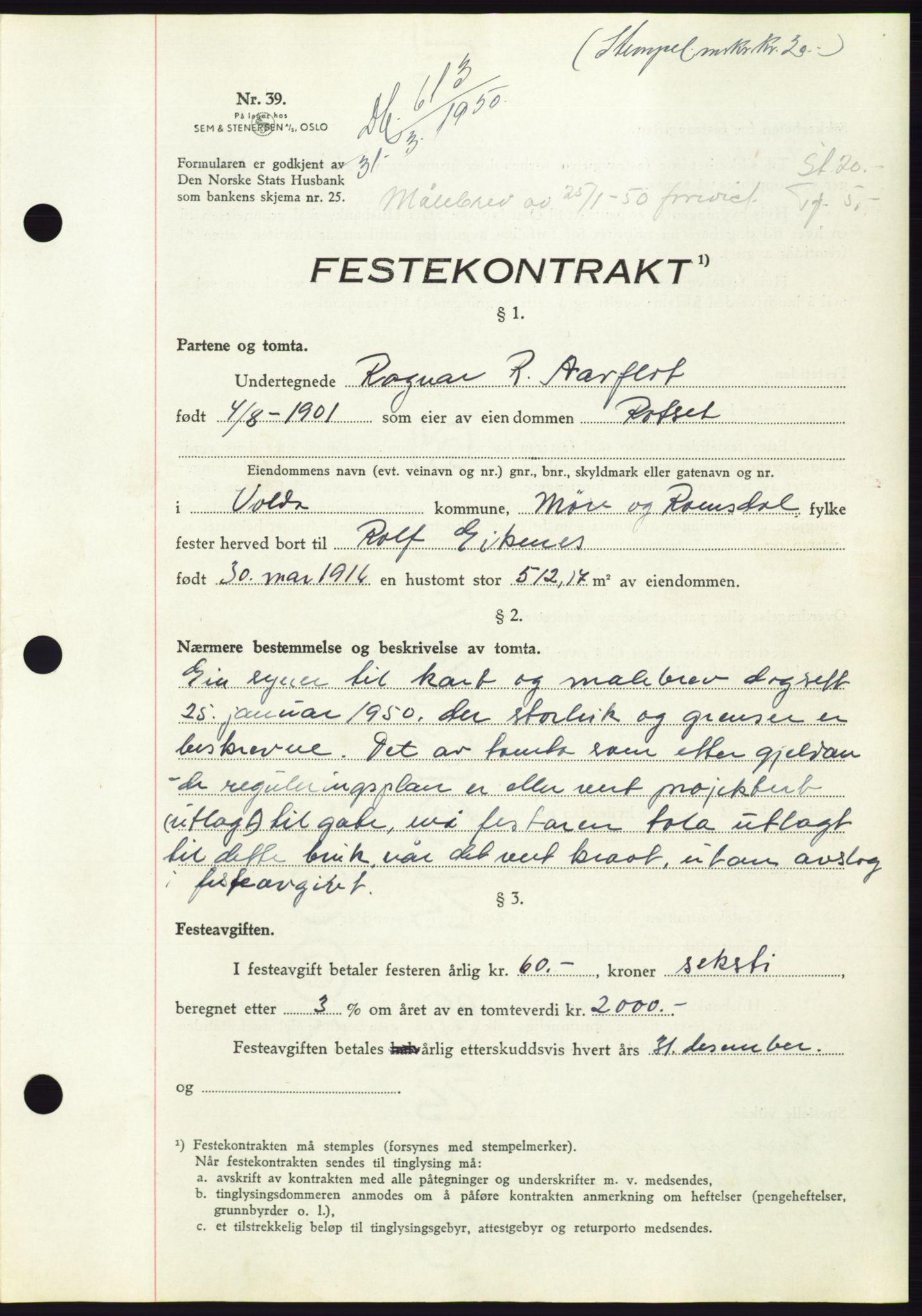 Søre Sunnmøre sorenskriveri, AV/SAT-A-4122/1/2/2C/L0086: Mortgage book no. 12A, 1949-1950, Diary no: : 613/1950