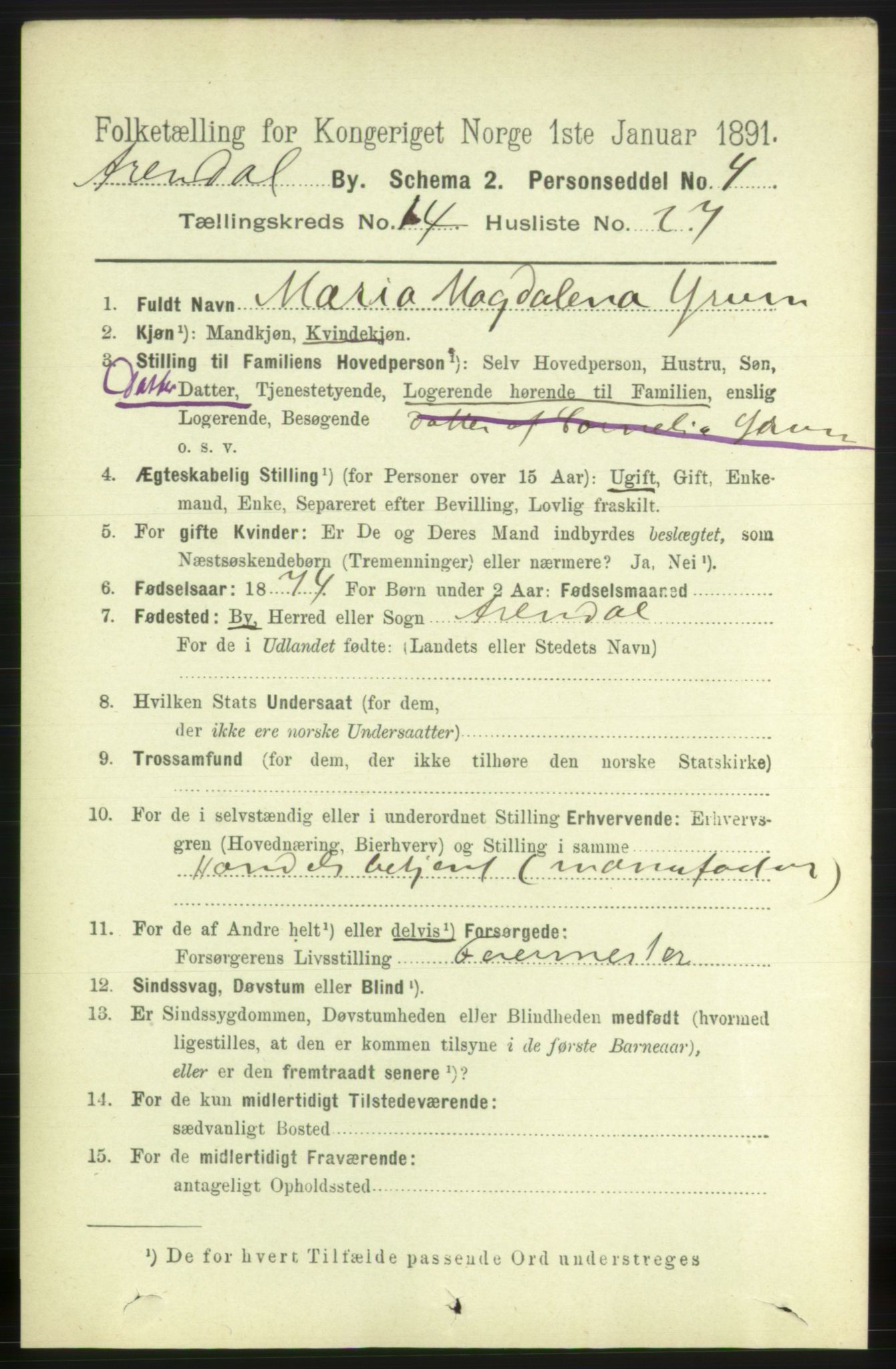 RA, 1891 census for 0903 Arendal, 1891, p. 5020