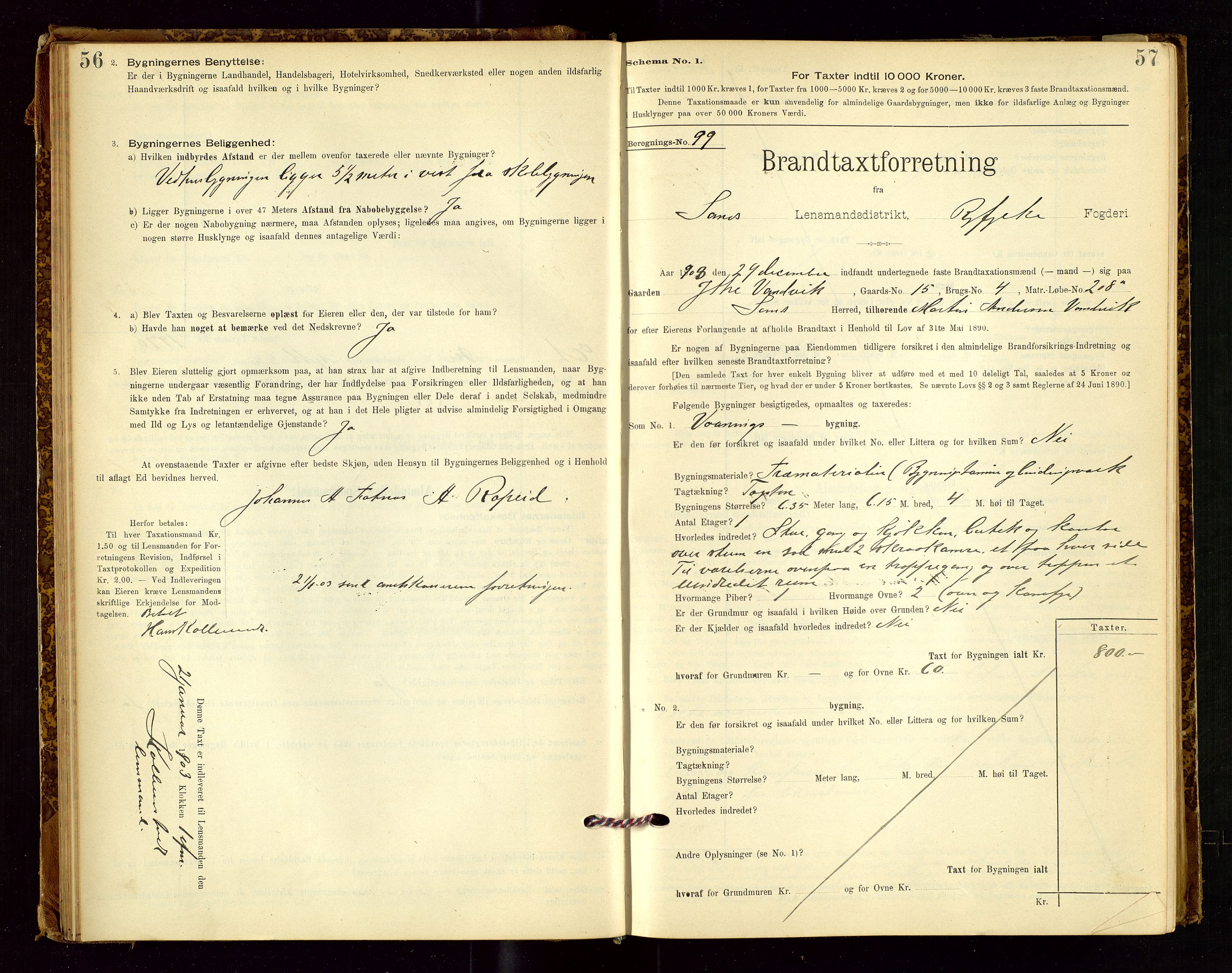 Sand lensmannskontor, AV/SAST-A-100415/Goc/L0001: "Brandtaxationsprotokol", 1895-1935, p. 56-57