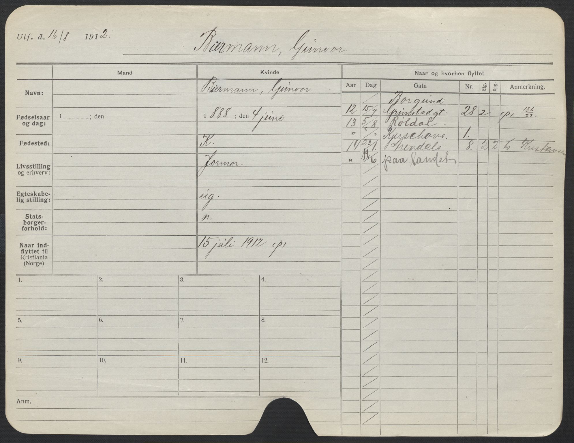 Oslo folkeregister, Registerkort, AV/SAO-A-11715/F/Fa/Fac/L0013: Kvinner, 1906-1914, p. 368a