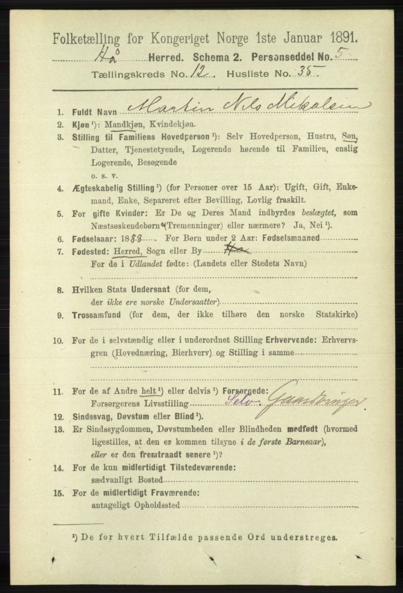 RA, 1891 census for 1119 Hå, 1891, p. 3102