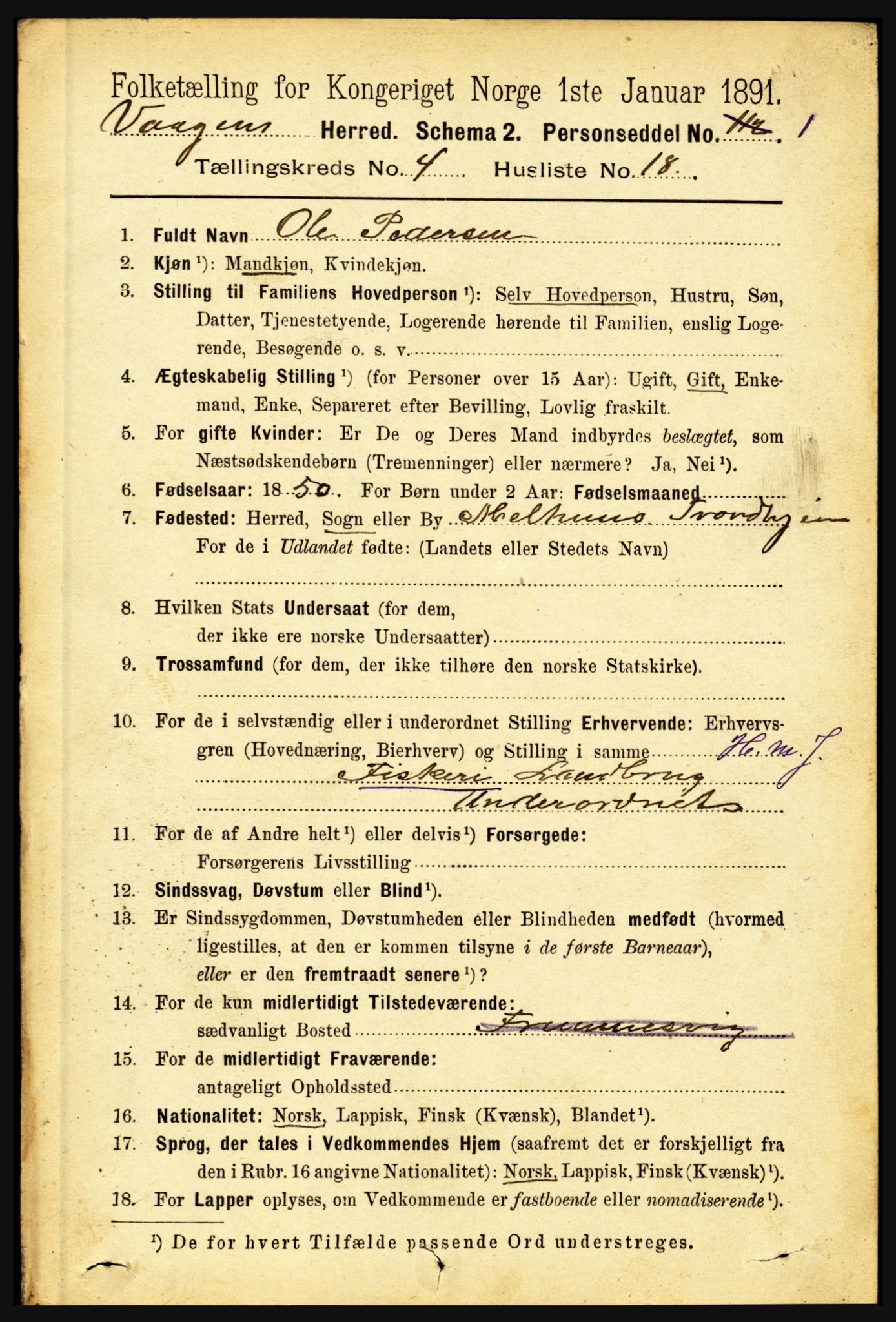 RA, 1891 census for 1865 Vågan, 1891, p. 1048