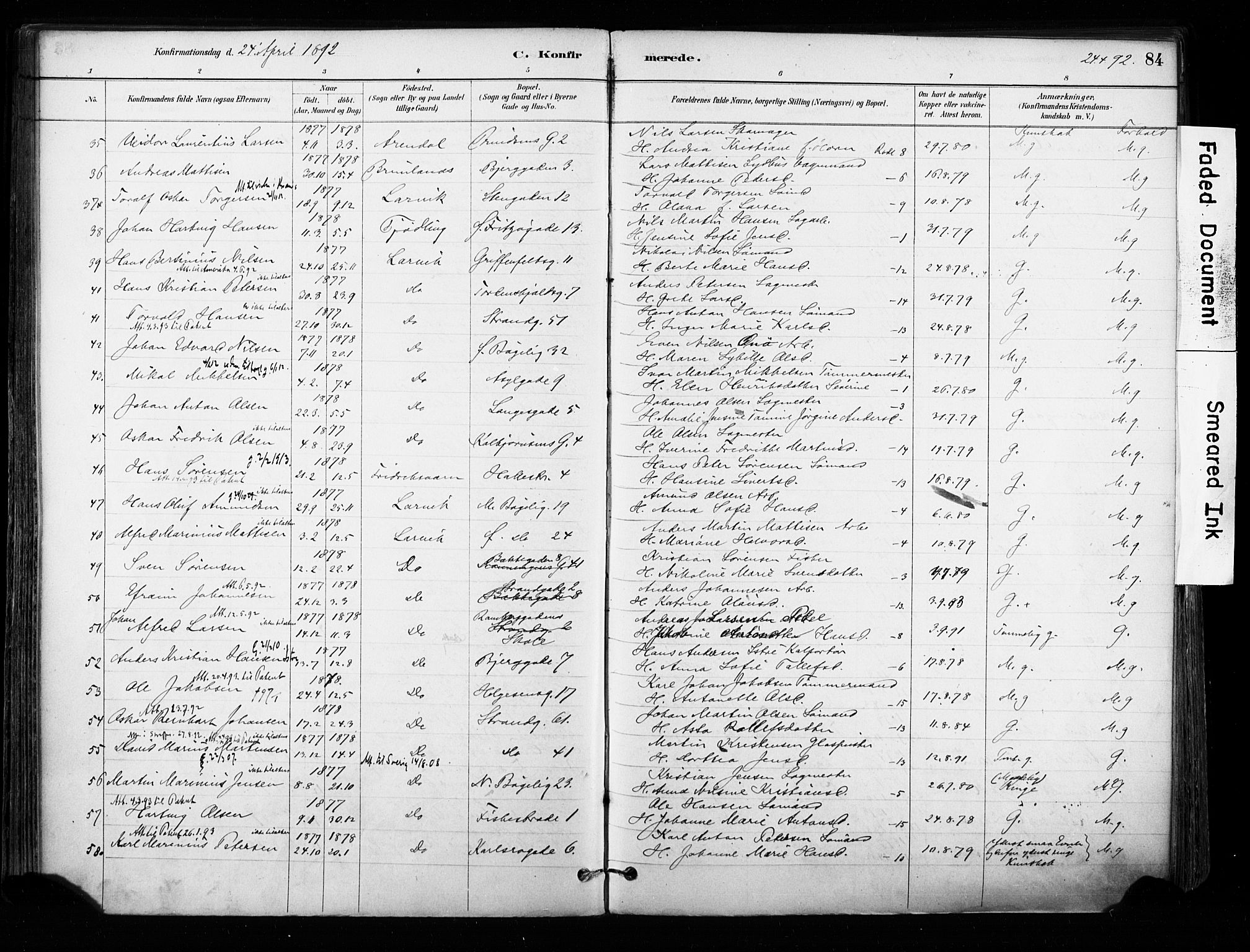 Larvik kirkebøker, AV/SAKO-A-352/F/Fa/L0008: Parish register (official) no. I 8, 1884-1902, p. 84