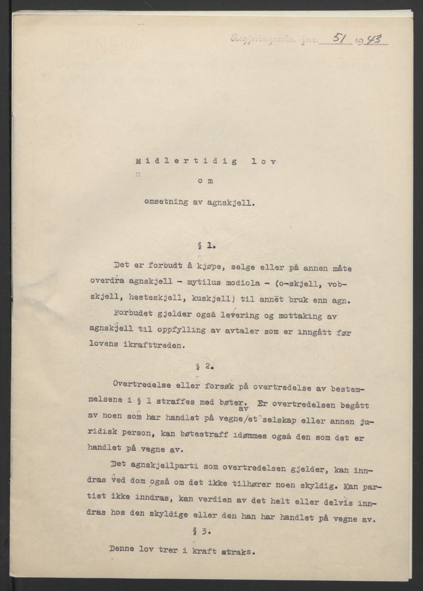 NS-administrasjonen 1940-1945 (Statsrådsekretariatet, de kommisariske statsråder mm), AV/RA-S-4279/D/Db/L0099: Lover, 1943, p. 107