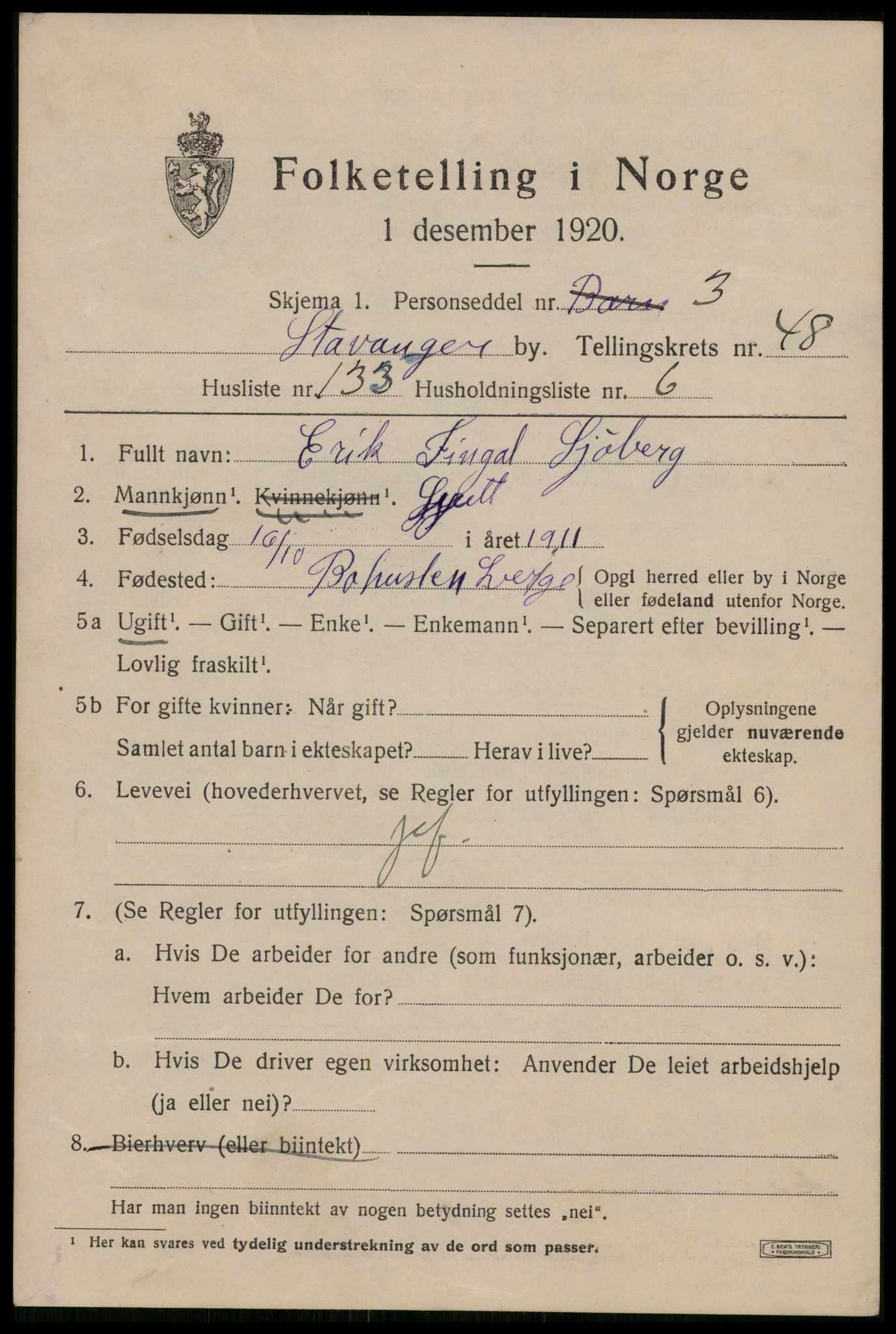 SAST, 1920 census for Stavanger, 1920, p. 118578