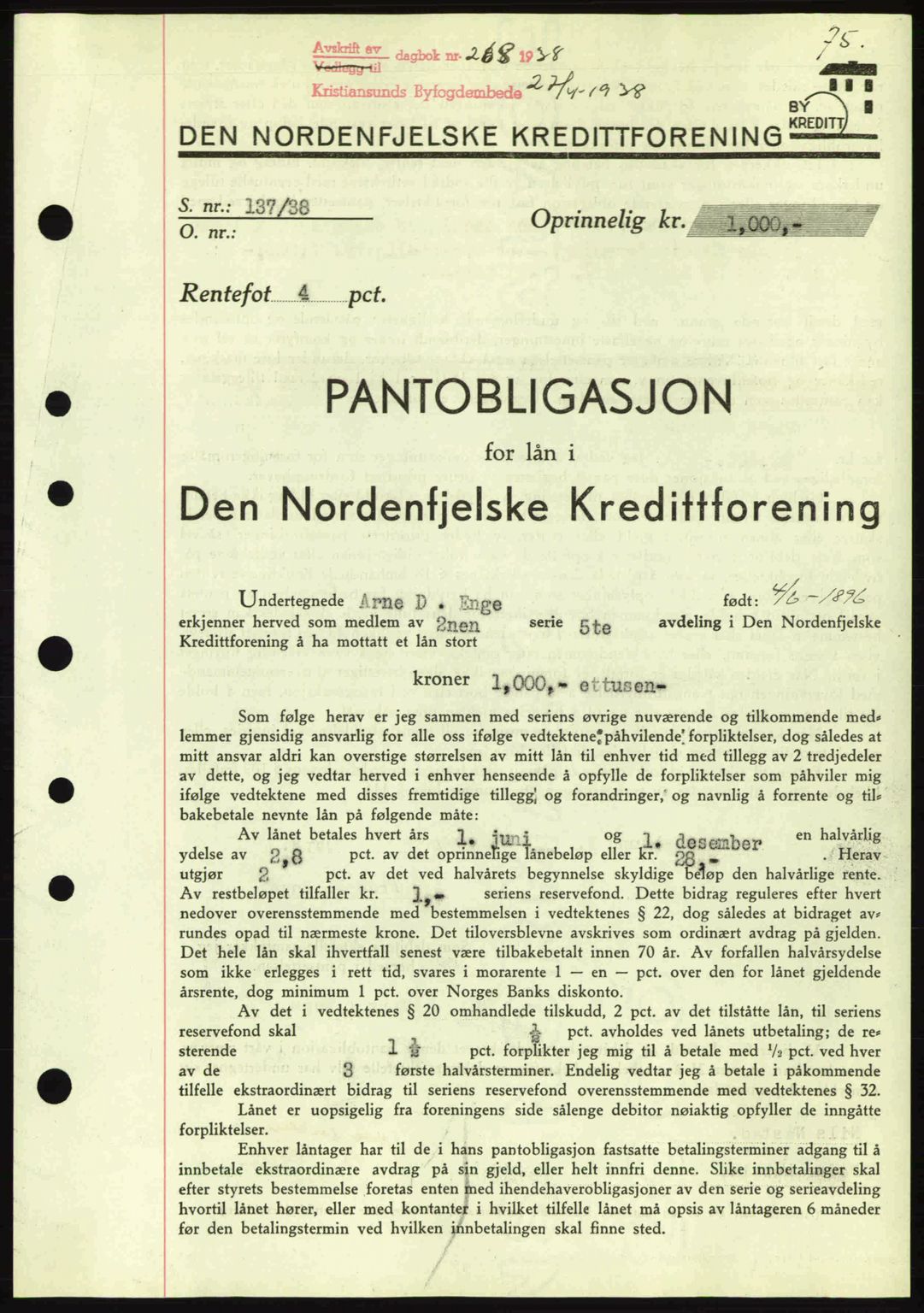 Kristiansund byfogd, SAT/A-4587/A/27: Mortgage book no. 31, 1938-1939, Diary no: : 268/1938