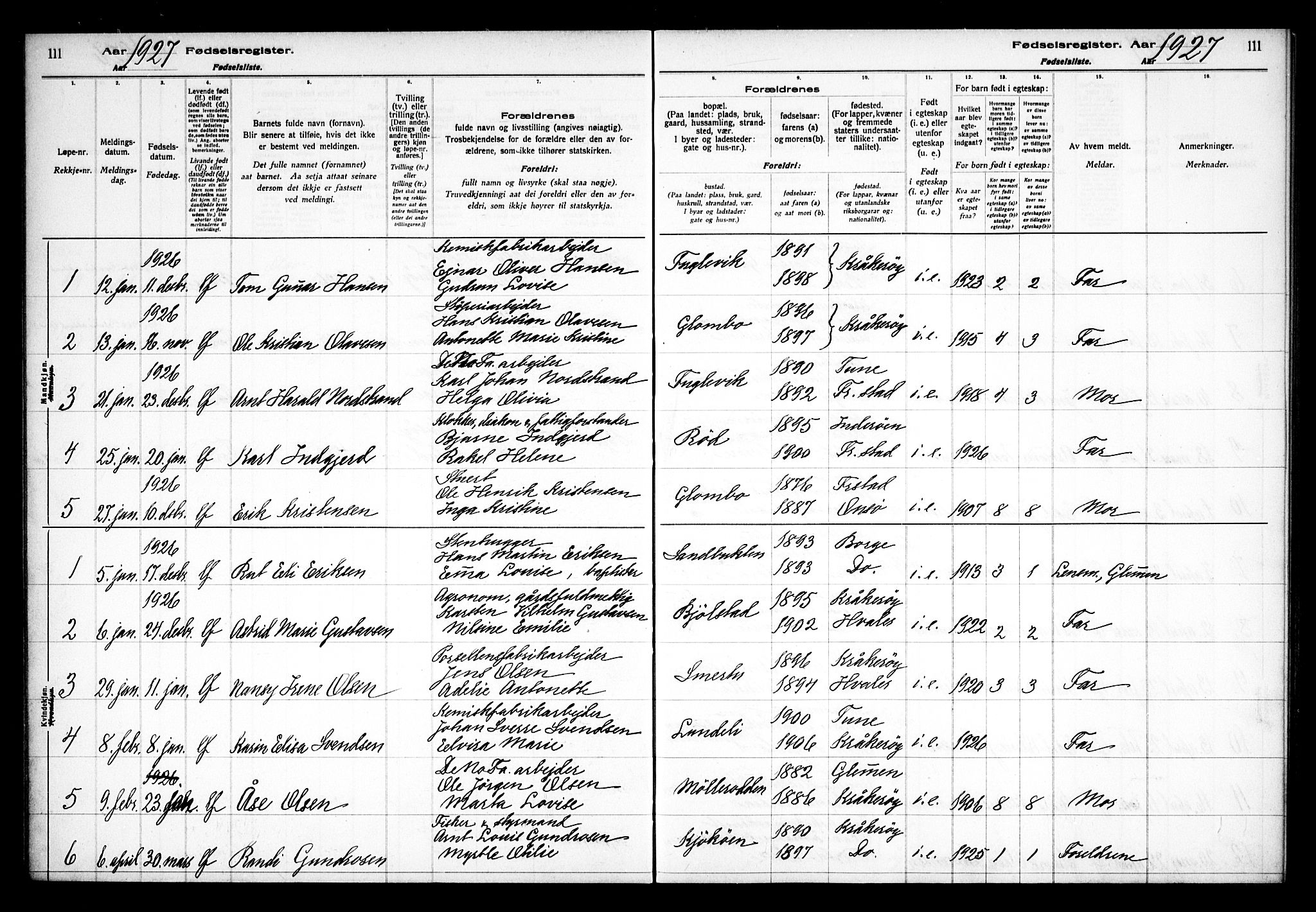 Kråkerøy prestekontor Kirkebøker, AV/SAO-A-10912/J/Ja/L0001: Birth register no. 1, 1916-1938, p. 111