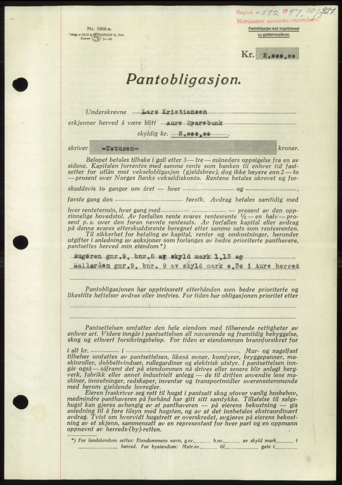 Nordmøre sorenskriveri, AV/SAT-A-4132/1/2/2Ca: Mortgage book no. B95, 1946-1947, Diary no: : 582/1947