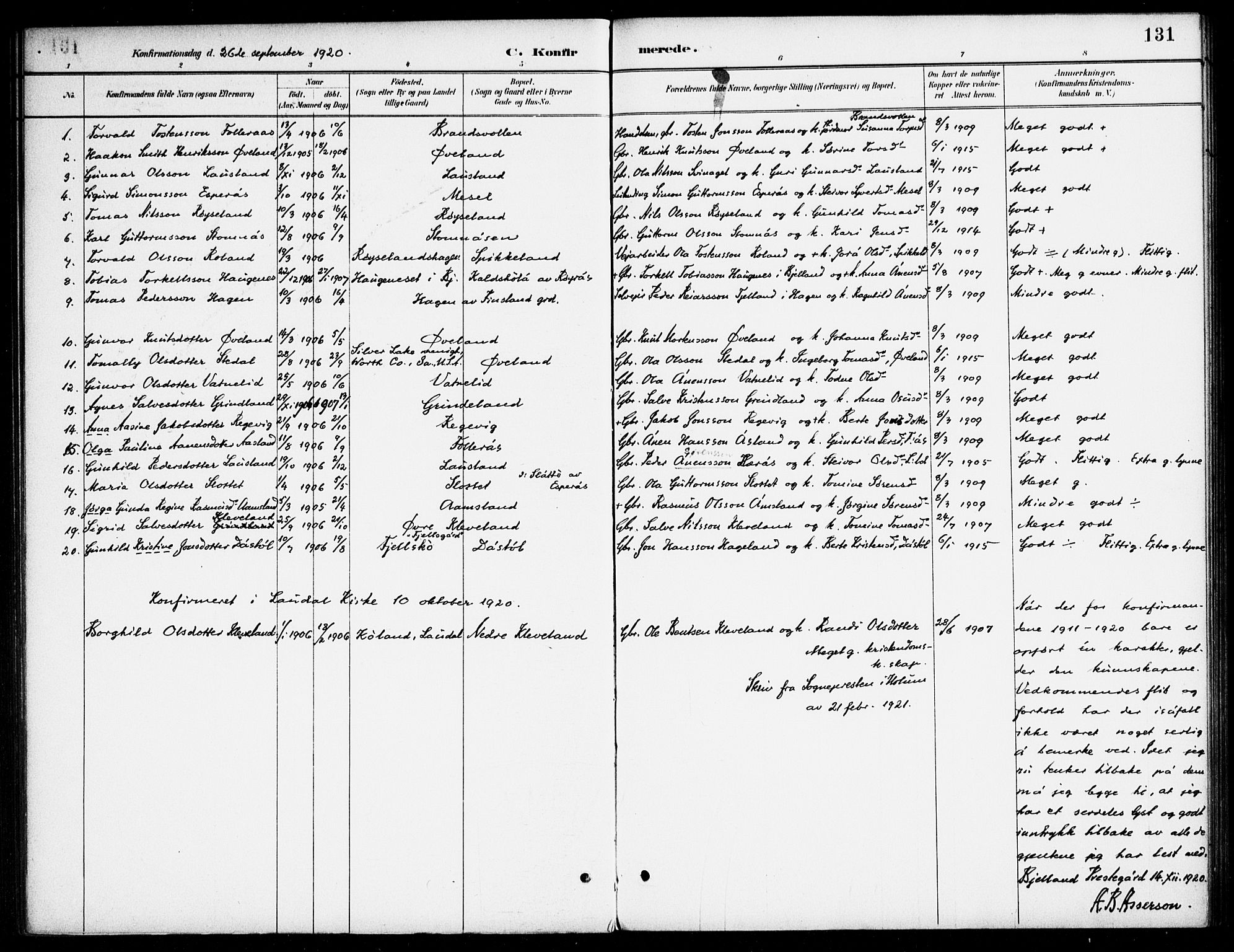 Bjelland sokneprestkontor, SAK/1111-0005/F/Fa/Fab/L0004: Parish register (official) no. A 4, 1887-1920, p. 131