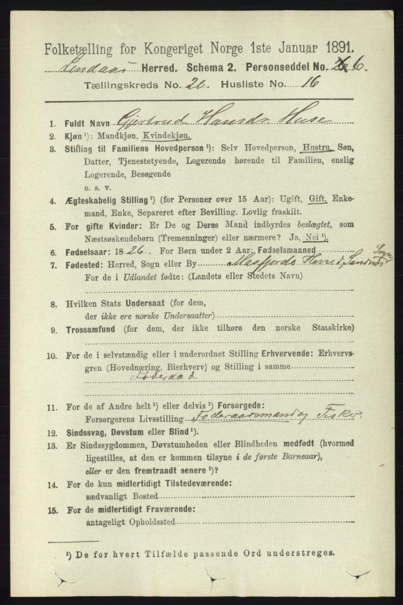 RA, 1891 census for 1263 Lindås, 1891, p. 7449