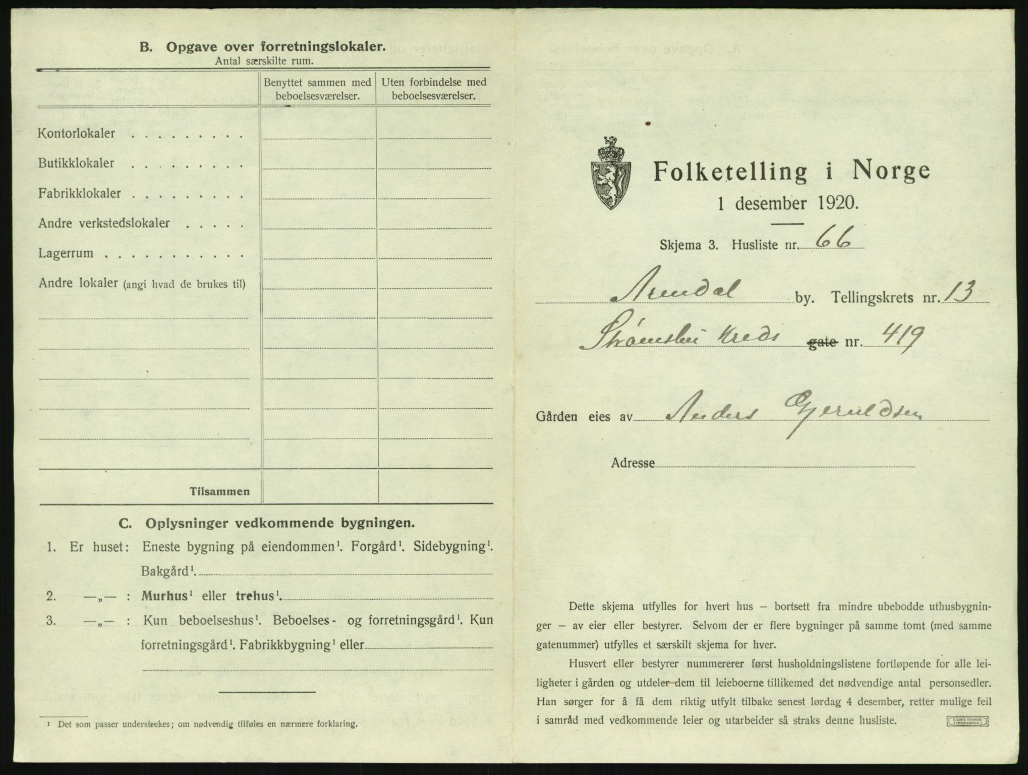 SAK, 1920 census for Arendal, 1920, p. 1958