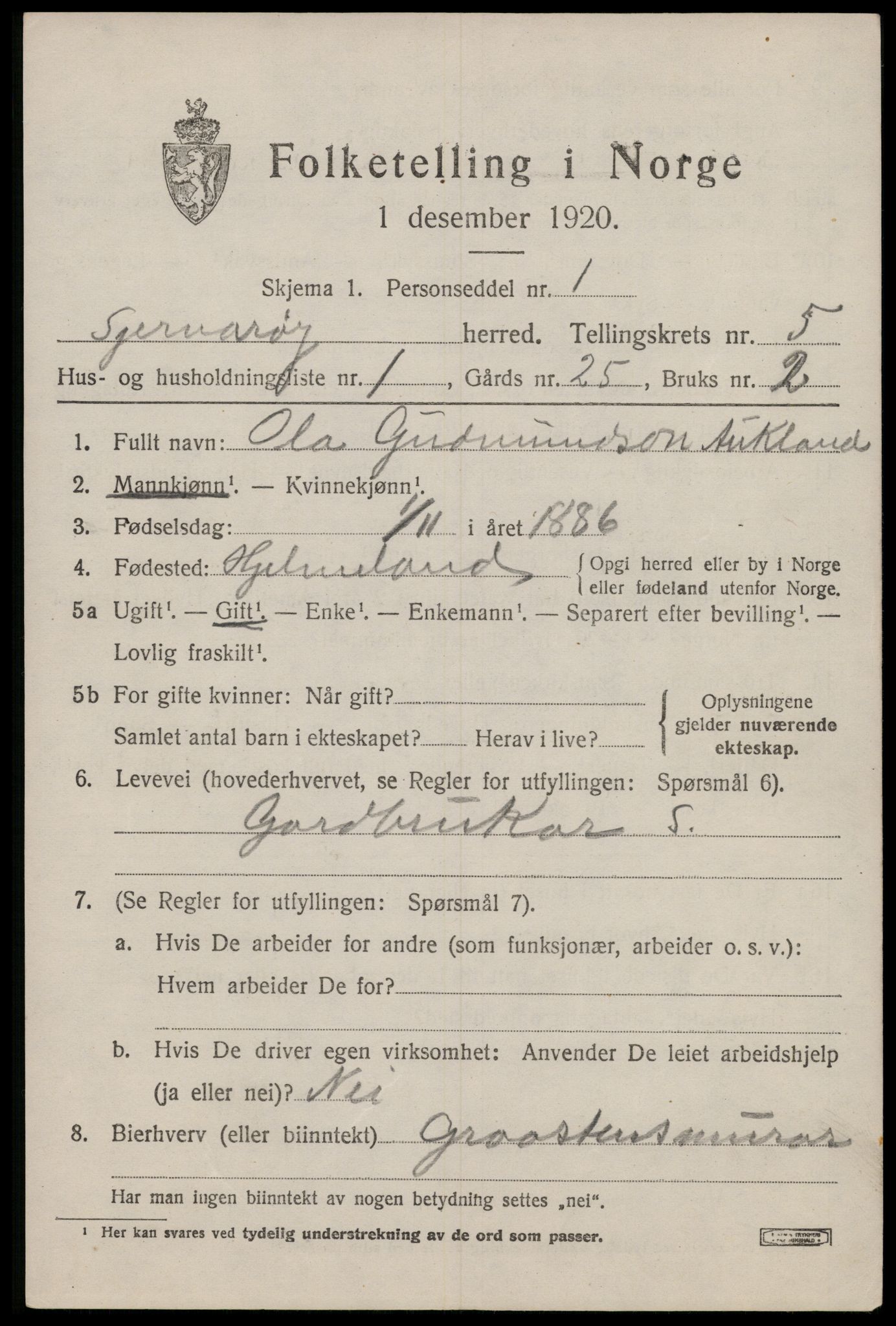 SAST, 1920 census for Sjernarøy, 1920, p. 1242