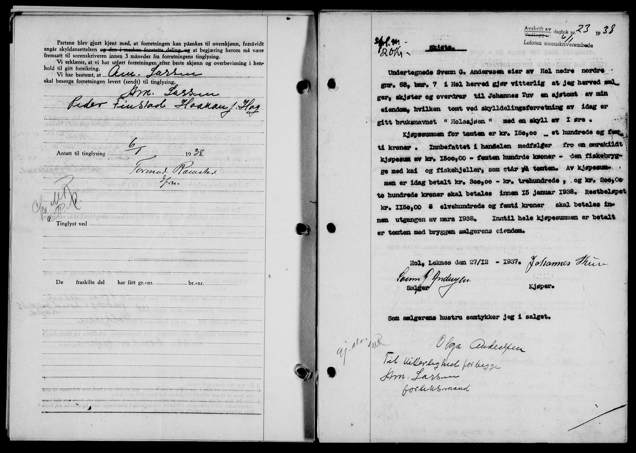 Lofoten sorenskriveri, SAT/A-0017/1/2/2C/L0003a: Mortgage book no. 3a, 1937-1938, Diary no: : 23/1938