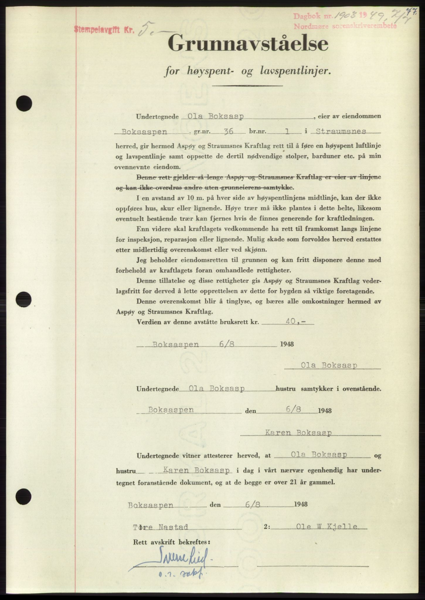 Nordmøre sorenskriveri, AV/SAT-A-4132/1/2/2Ca: Mortgage book no. B102, 1949-1949, Diary no: : 1903/1949