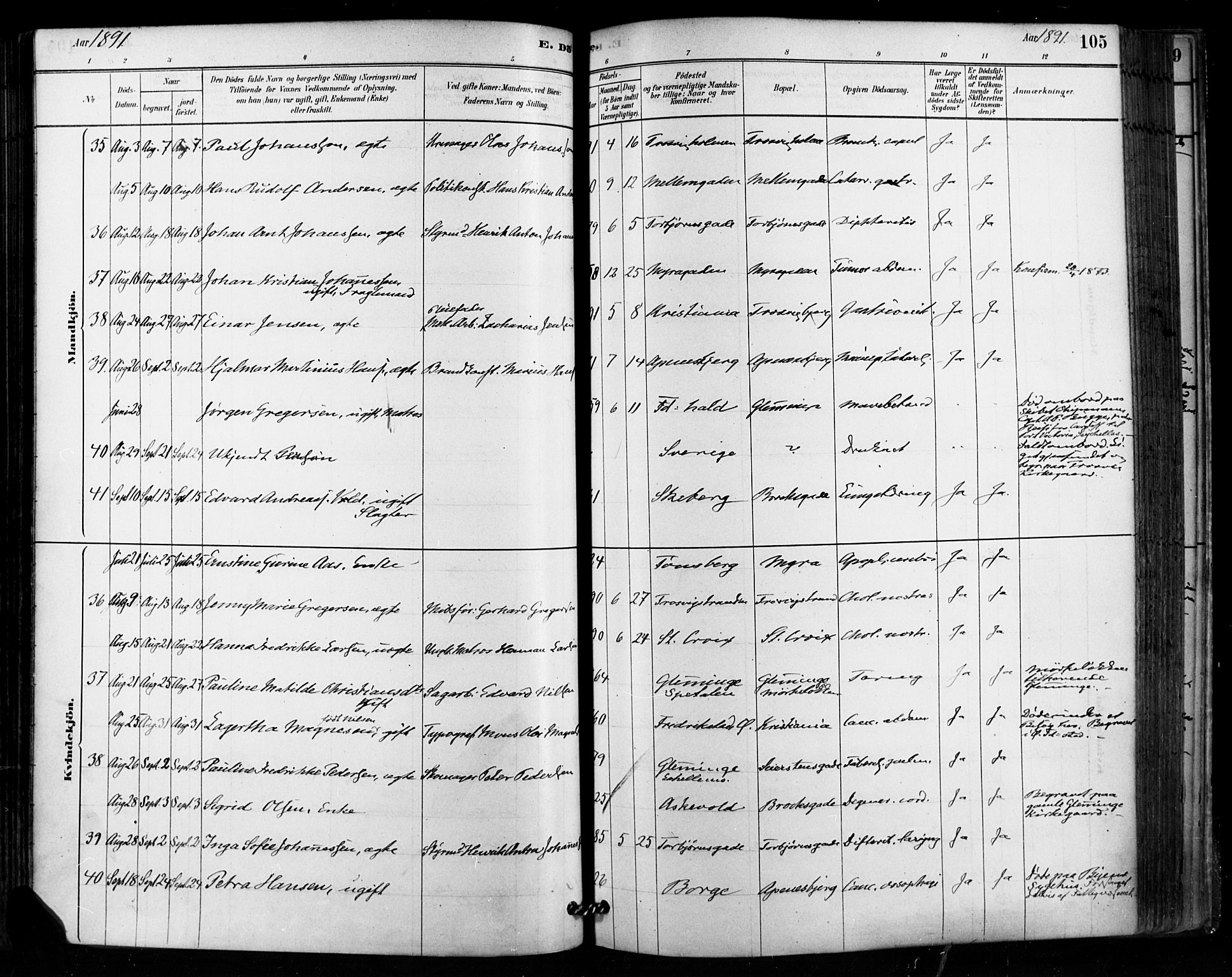 Fredrikstad domkirkes prestekontor Kirkebøker, SAO/A-10906/F/Fa/L0003: Parish register (official) no. 3, 1878-1904, p. 105