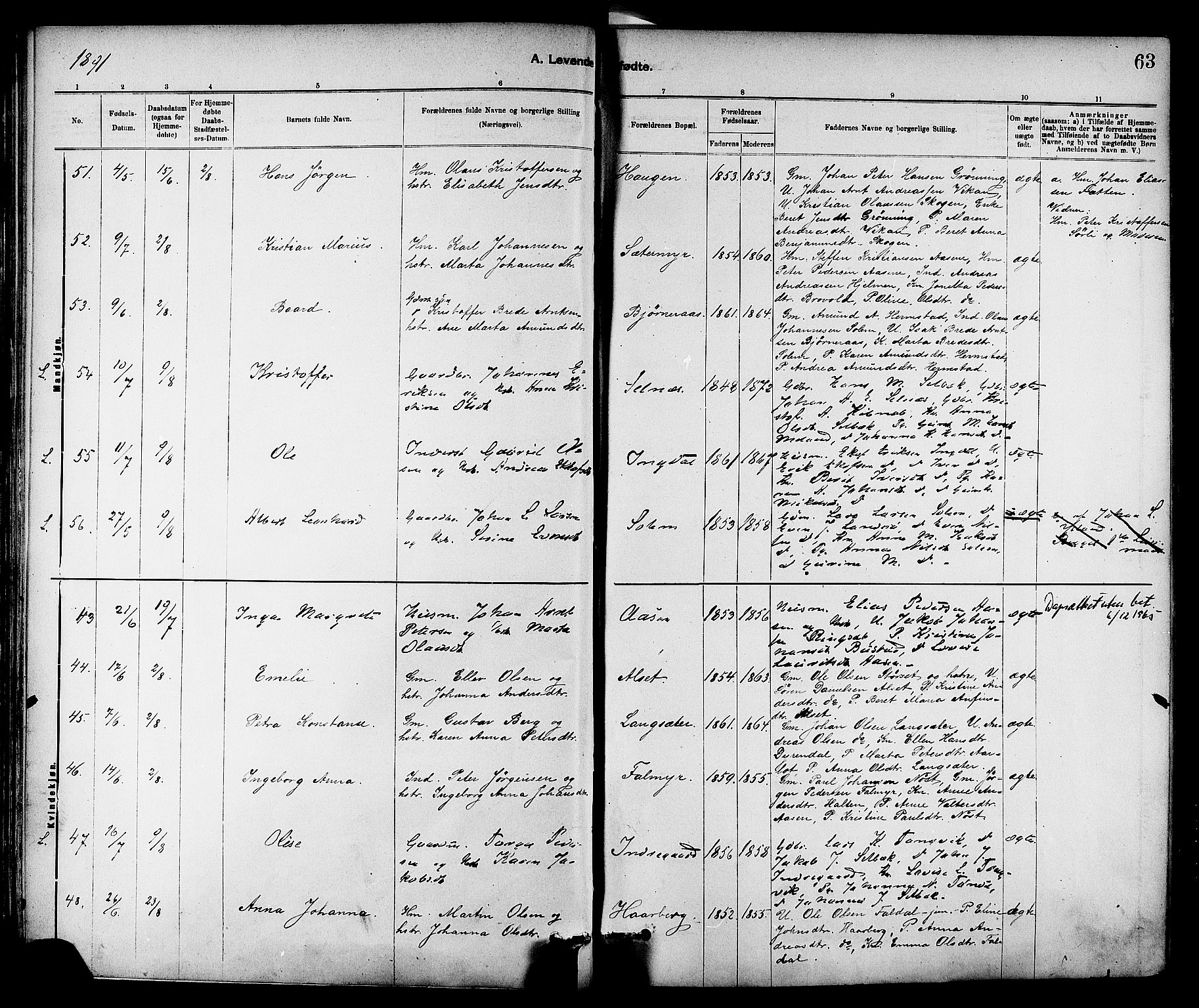 Ministerialprotokoller, klokkerbøker og fødselsregistre - Sør-Trøndelag, SAT/A-1456/647/L0634: Parish register (official) no. 647A01, 1885-1896, p. 63