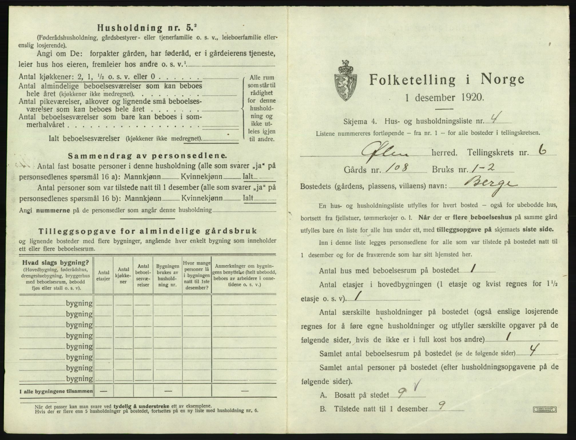 SAB, 1920 census for Ølen, 1920, p. 454