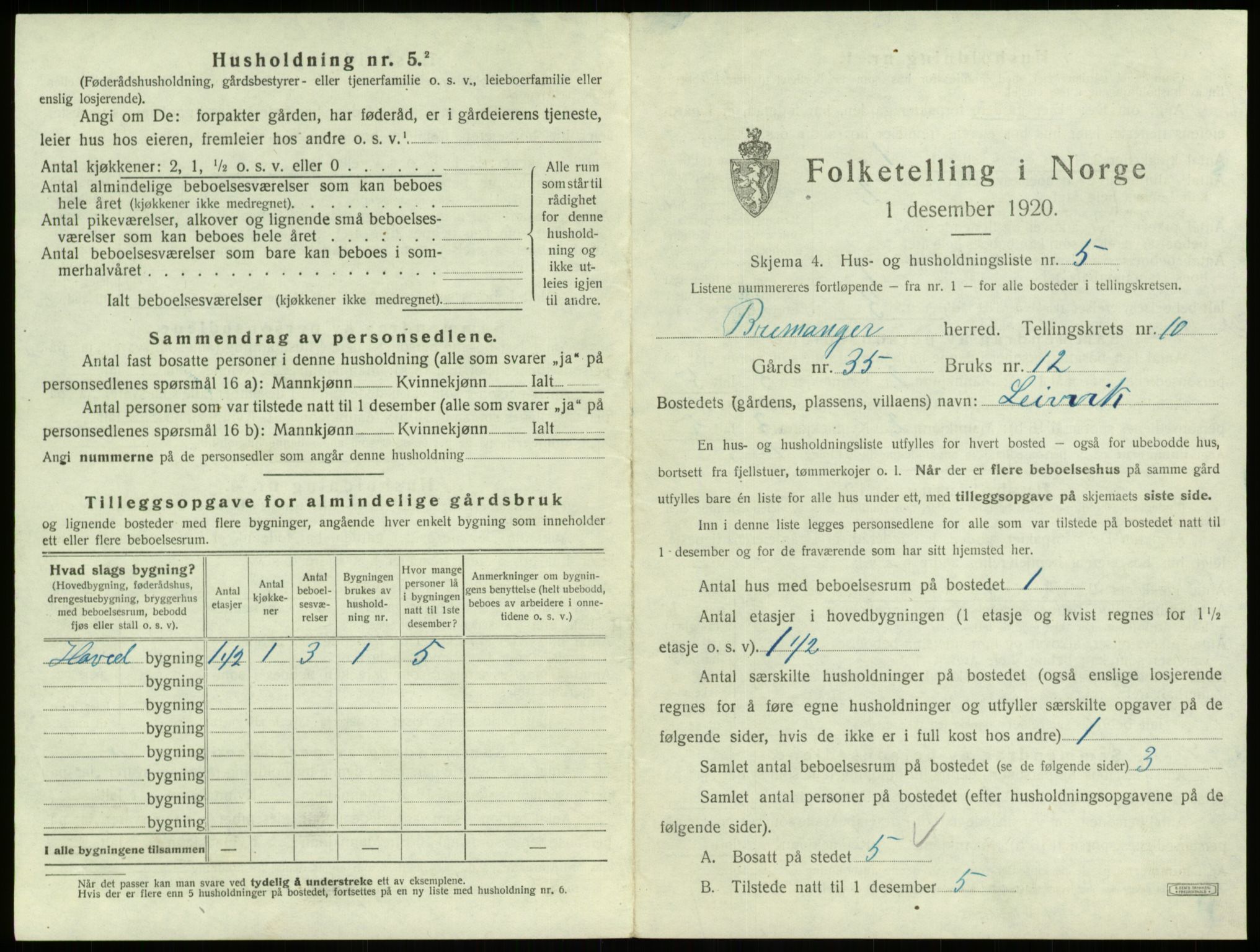 SAB, 1920 census for Bremanger, 1920, p. 722