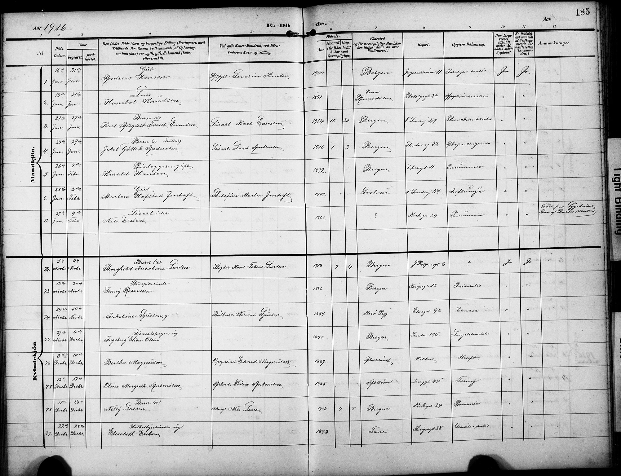 Sandviken Sokneprestembete, SAB/A-77601/H/Hb/L0017: Parish register (copy) no. E 1, 1903-1926, p. 185