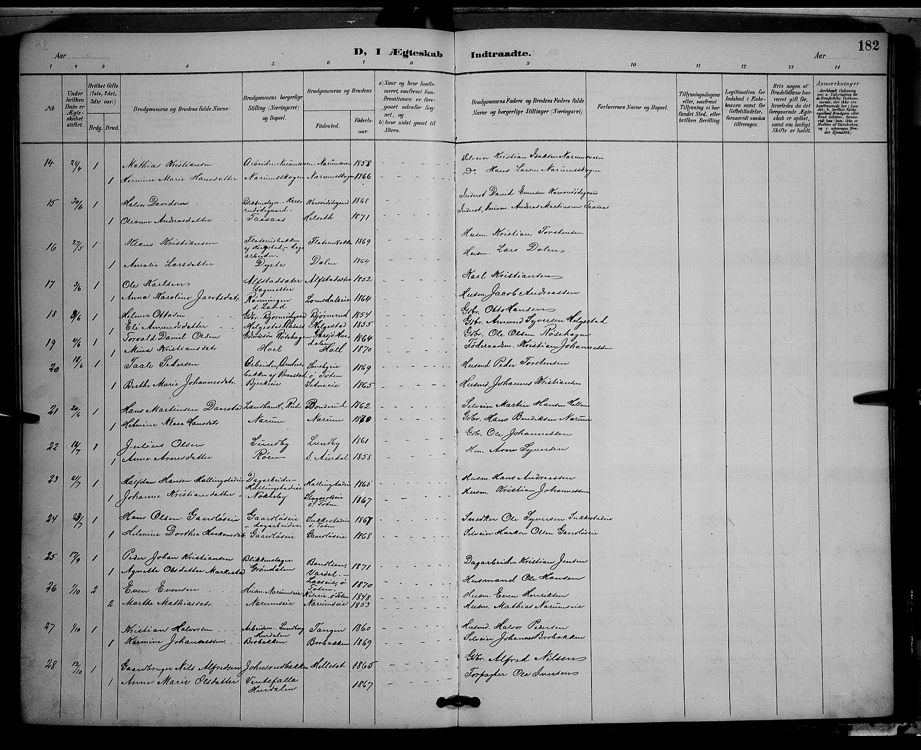 Vestre Toten prestekontor, SAH/PREST-108/H/Ha/Hab/L0009: Parish register (copy) no. 9, 1888-1900, p. 182