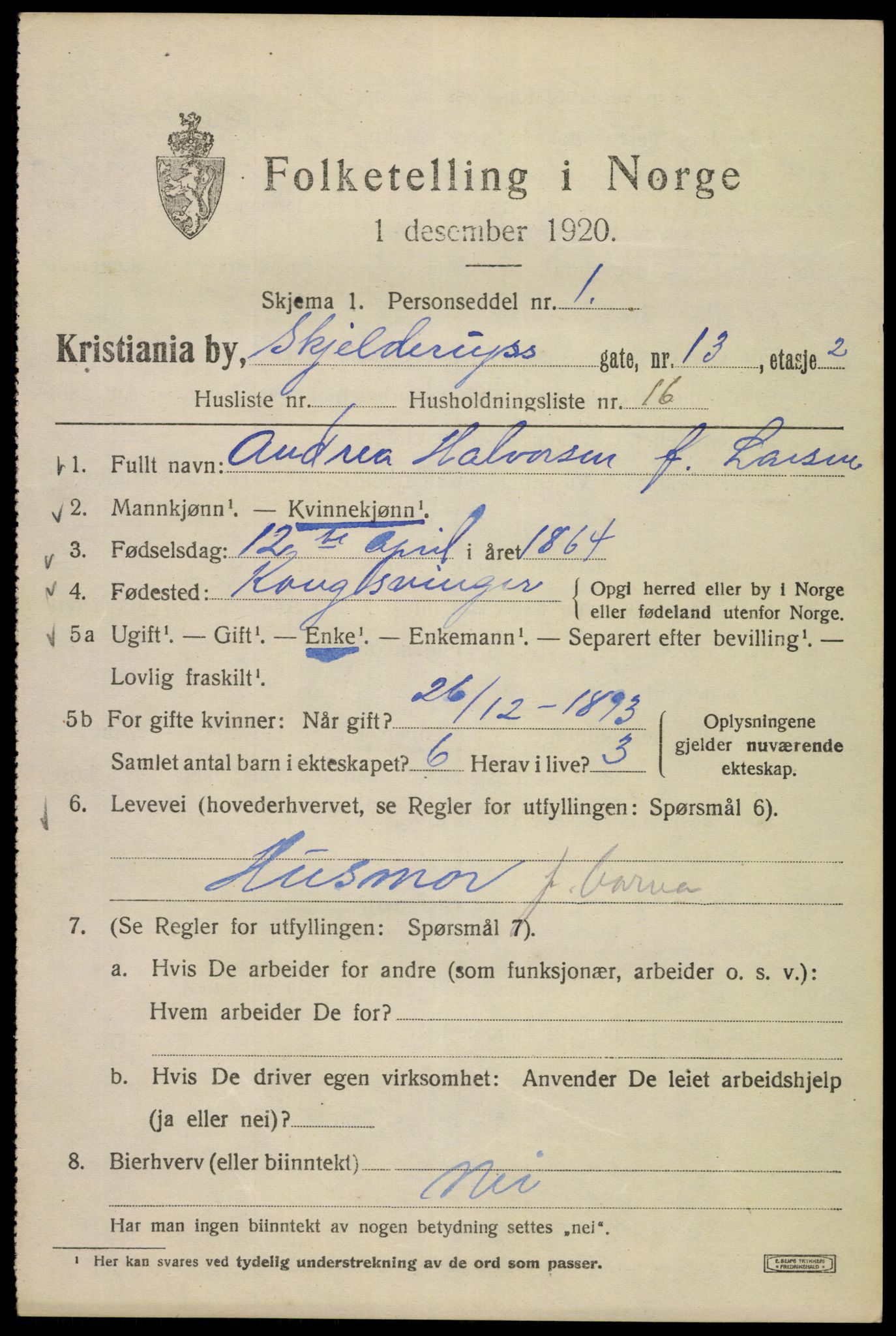 SAO, 1920 census for Kristiania, 1920, p. 513107