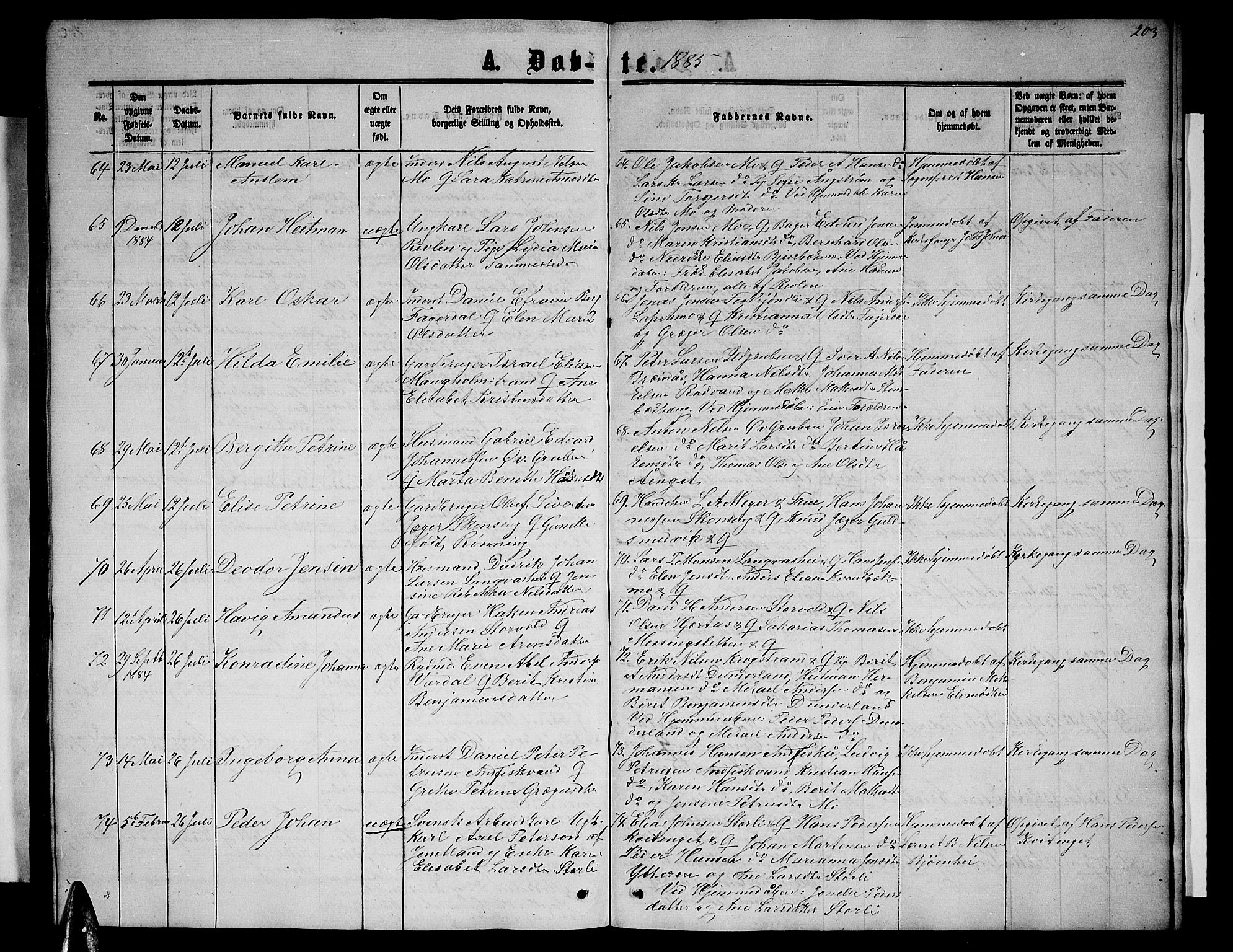 Ministerialprotokoller, klokkerbøker og fødselsregistre - Nordland, AV/SAT-A-1459/827/L0415: Parish register (copy) no. 827C04, 1864-1886, p. 203