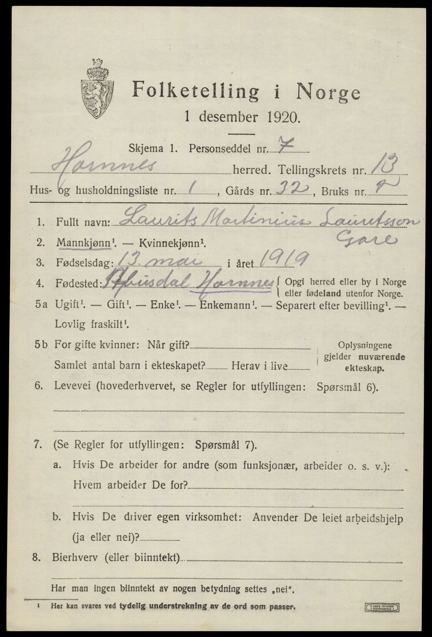 SAK, 1920 census for Hornnes, 1920, p. 3061