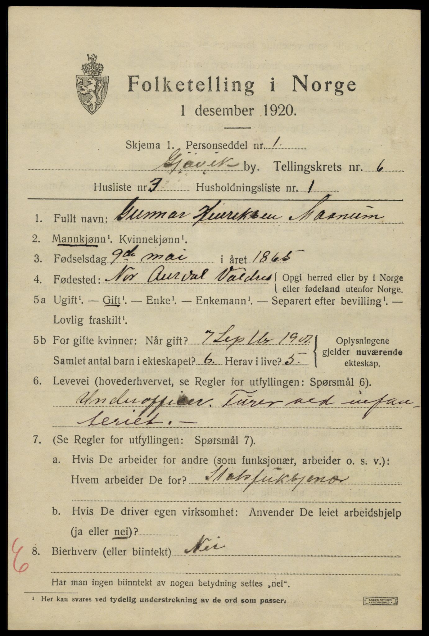 SAH, 1920 census for Gjøvik, 1920, p. 10500