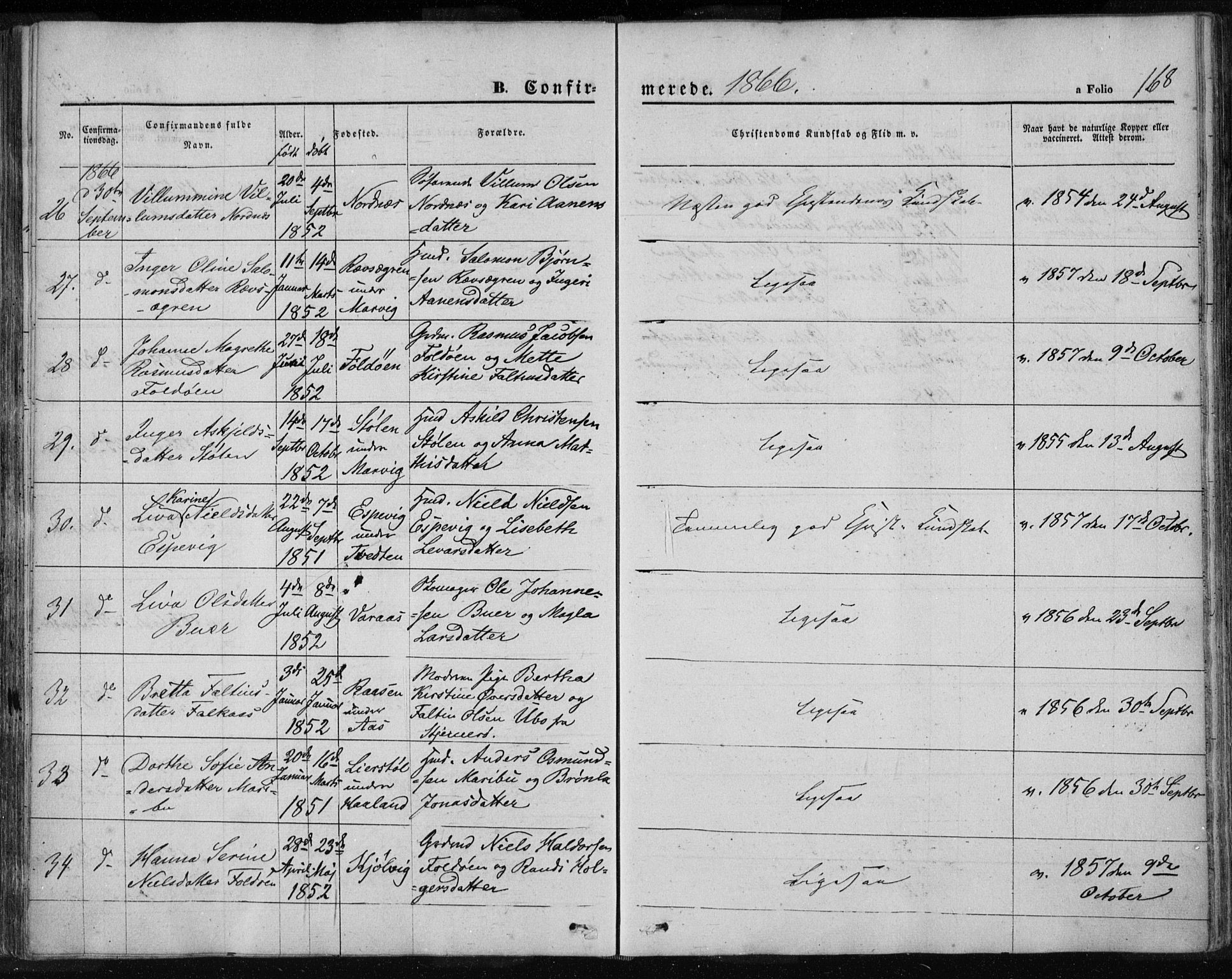 Jelsa sokneprestkontor, AV/SAST-A-101842/01/IV: Parish register (official) no. A 7, 1854-1866, p. 168