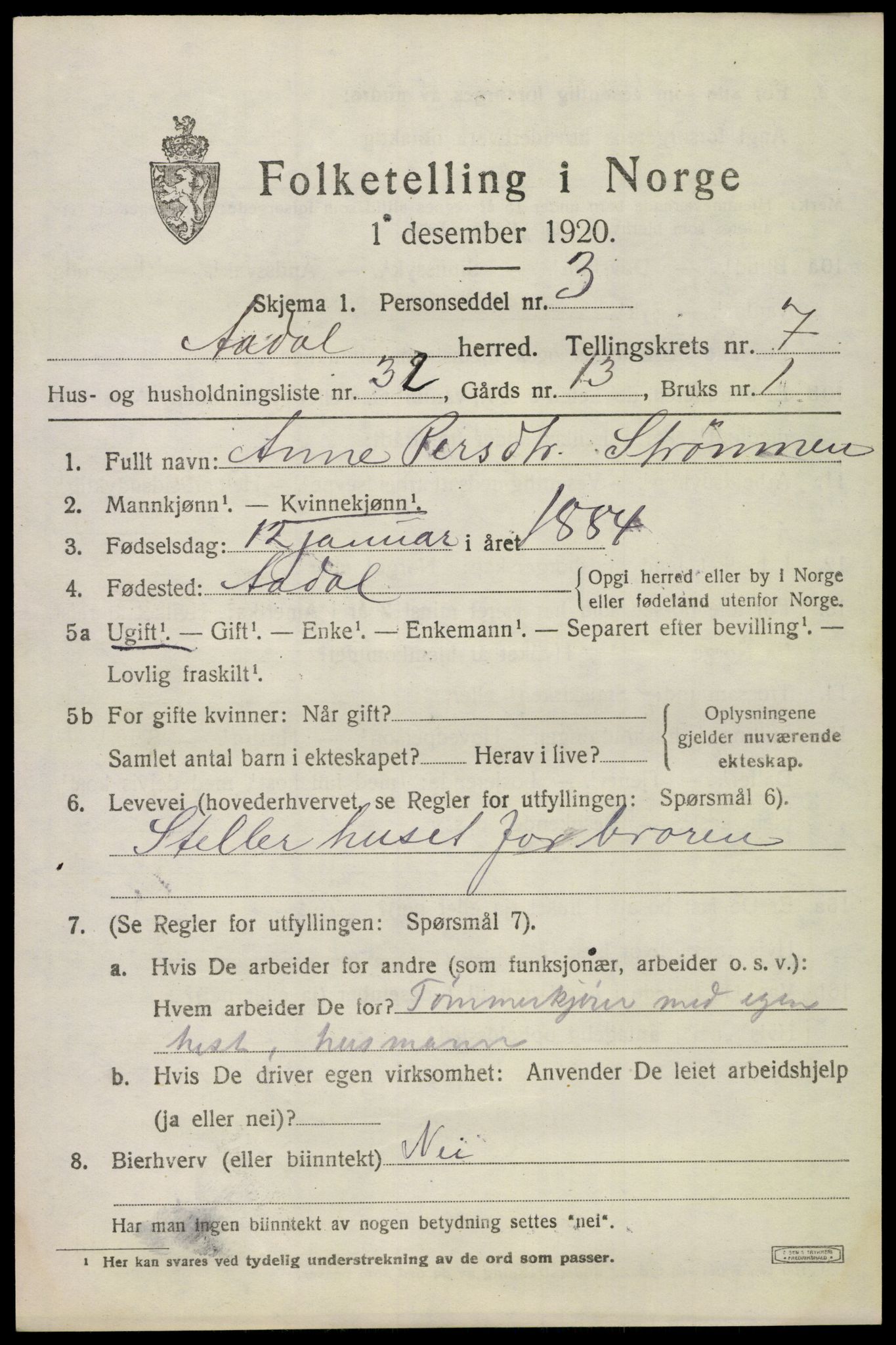 SAKO, 1920 census for Ådal, 1920, p. 5332