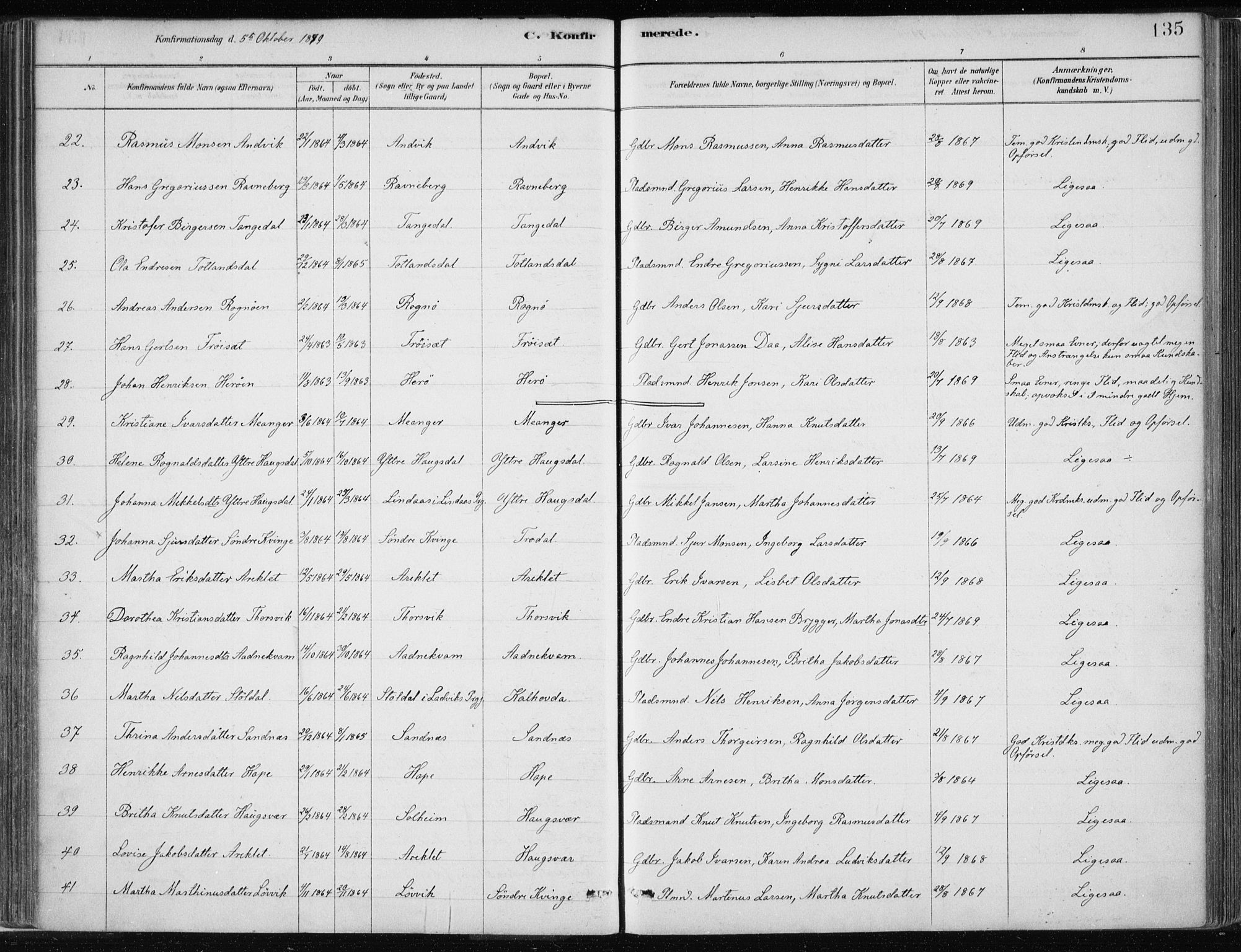 Masfjorden Sokneprestembete, SAB/A-77001: Parish register (official) no. B  1, 1876-1899, p. 135