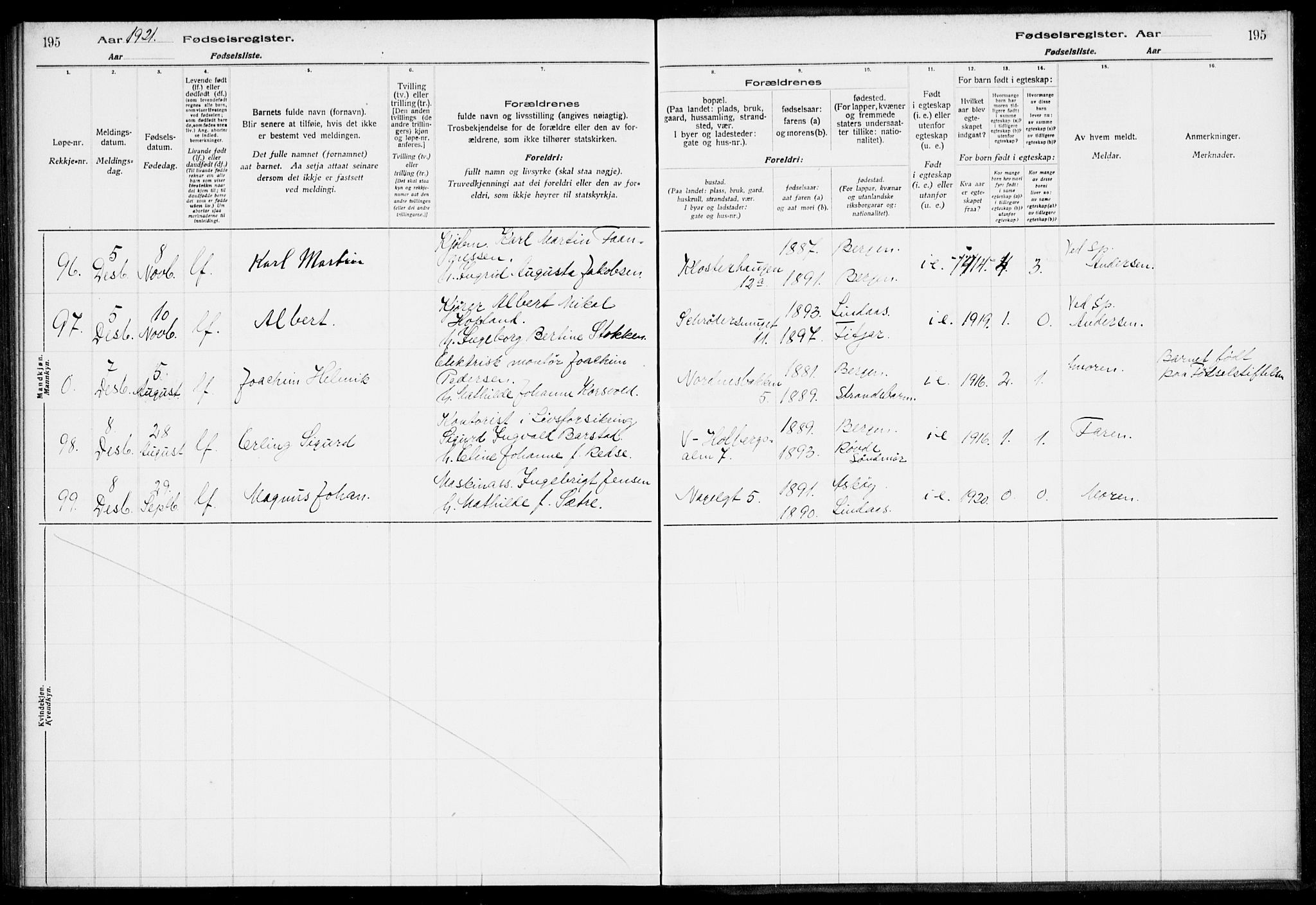 Nykirken Sokneprestembete, AV/SAB-A-77101/I/Id/L00A1: Birth register no. A 1, 1916-1922, p. 195