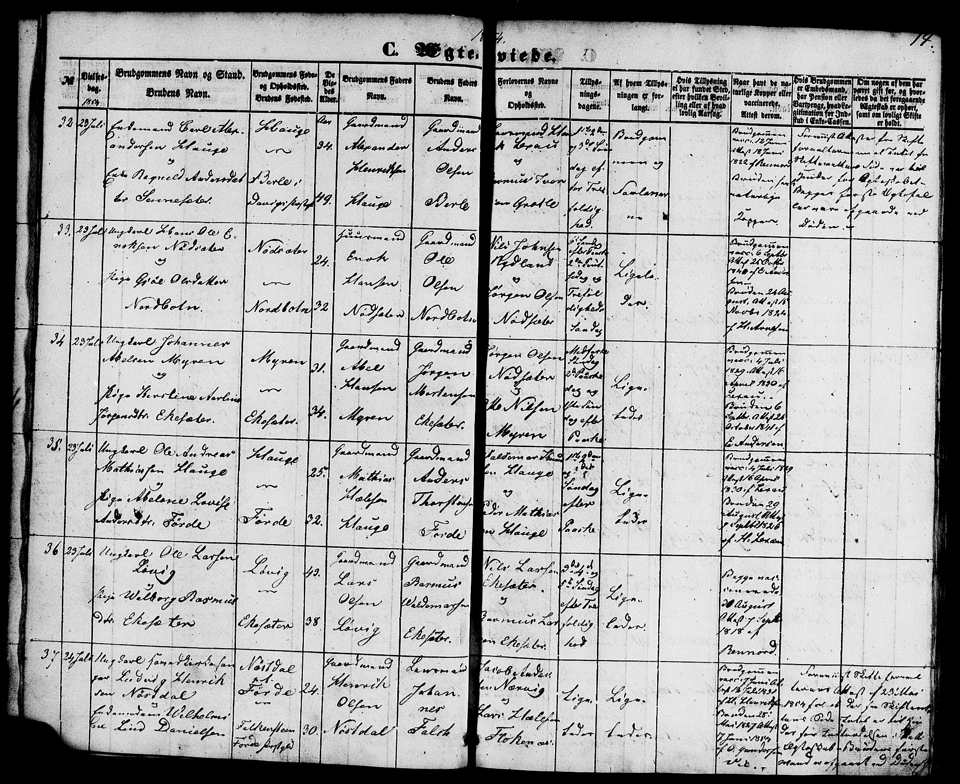 Kinn sokneprestembete, AV/SAB-A-80801/H/Haa/Haaa/L0010: Parish register (official) no. A 10, 1852-1869, p. 14